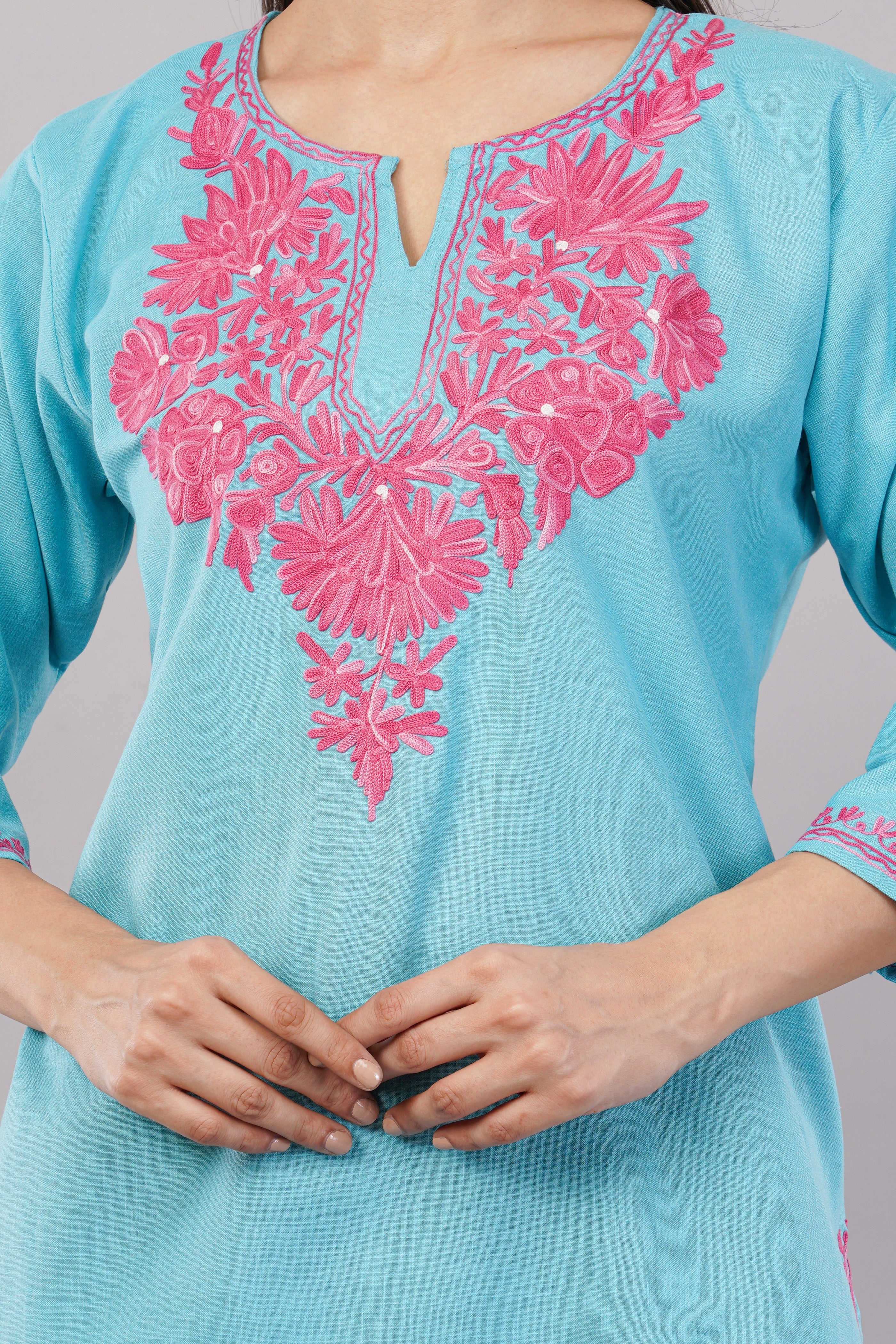 Firoza Charm Kashmiri Kurti with Blush Pink Aari