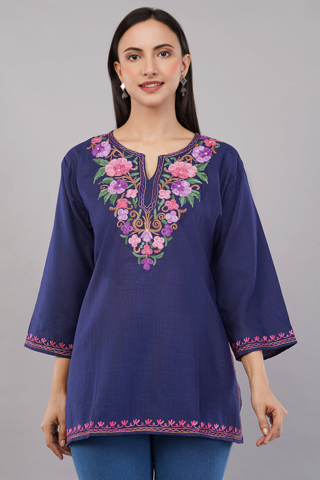 Midnight Bloom Kashmiri Kurti with Multicolour Aari Embroidery