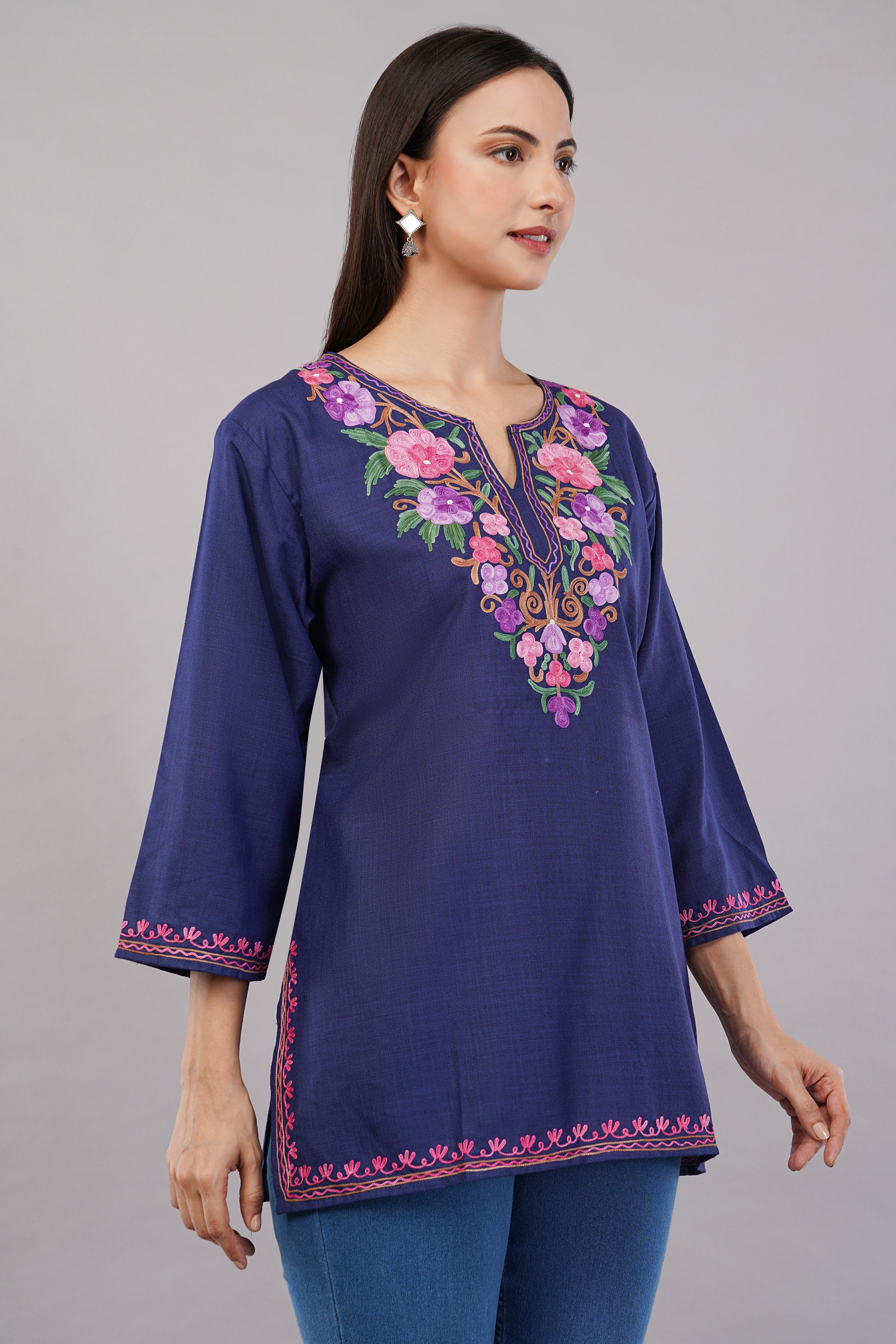 Midnight Bloom Kashmiri Kurti with Multicolour Aari Embroidery