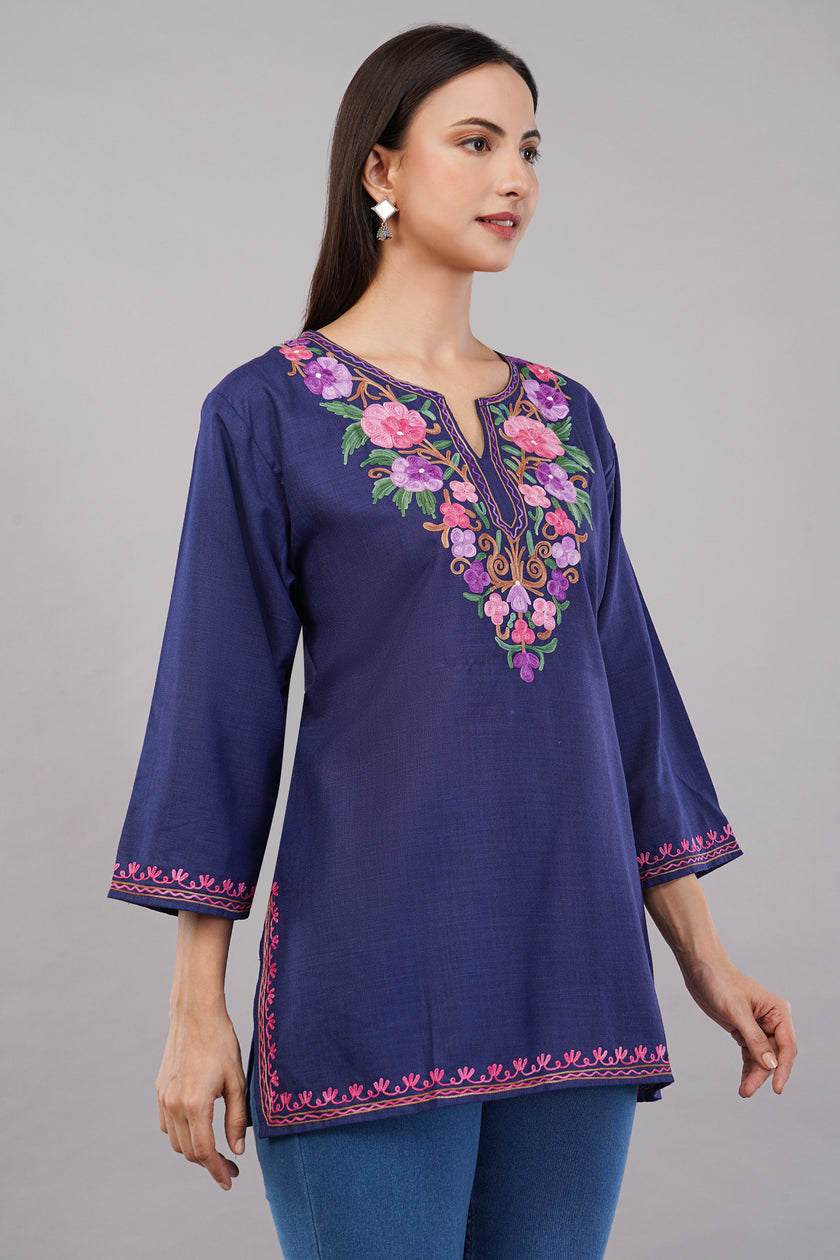 Midnight Bloom Kashmiri Kurti with Multicolour Aari Embroidery