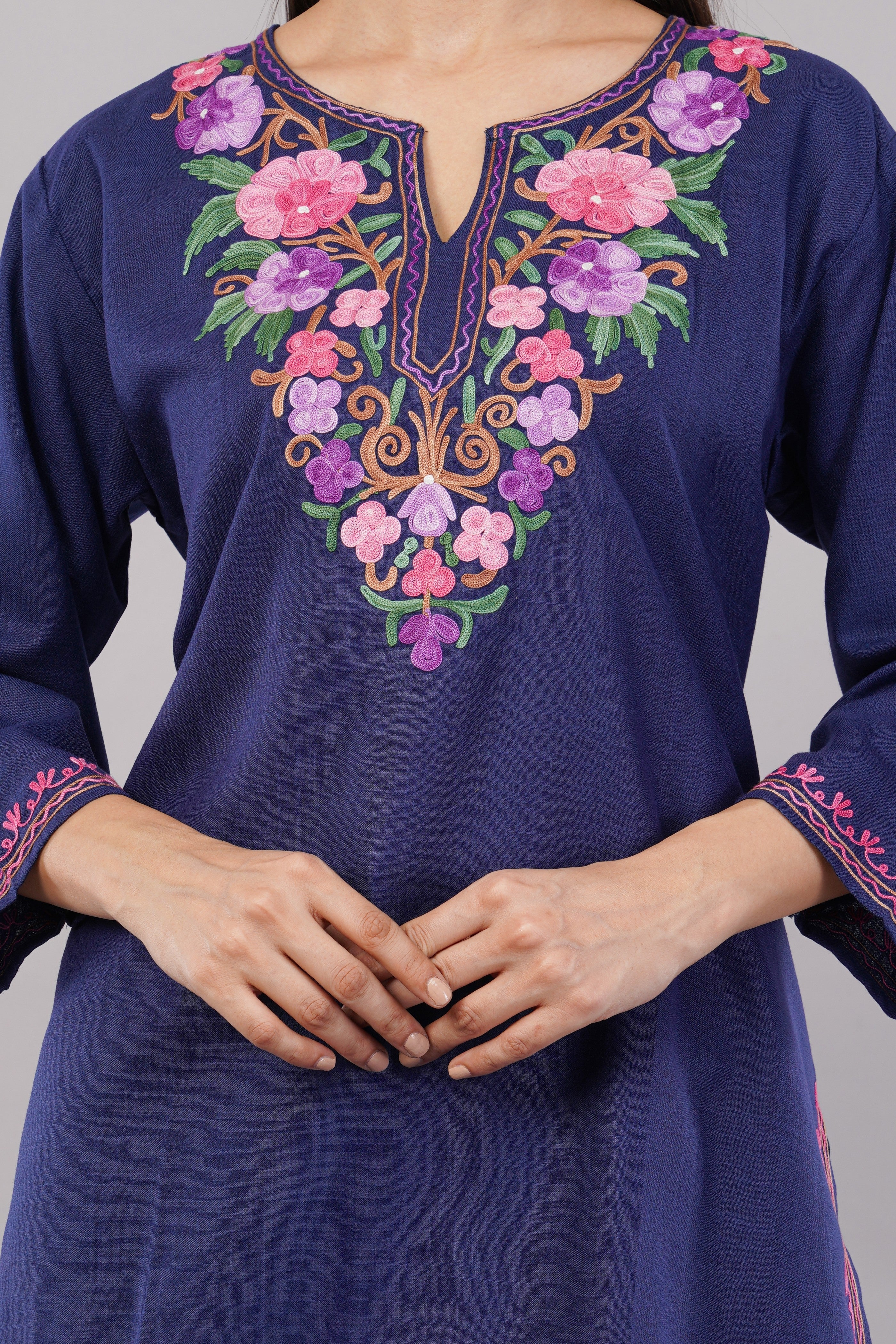Midnight Bloom Kashmiri Kurti with Multicolour Aari Embroidery