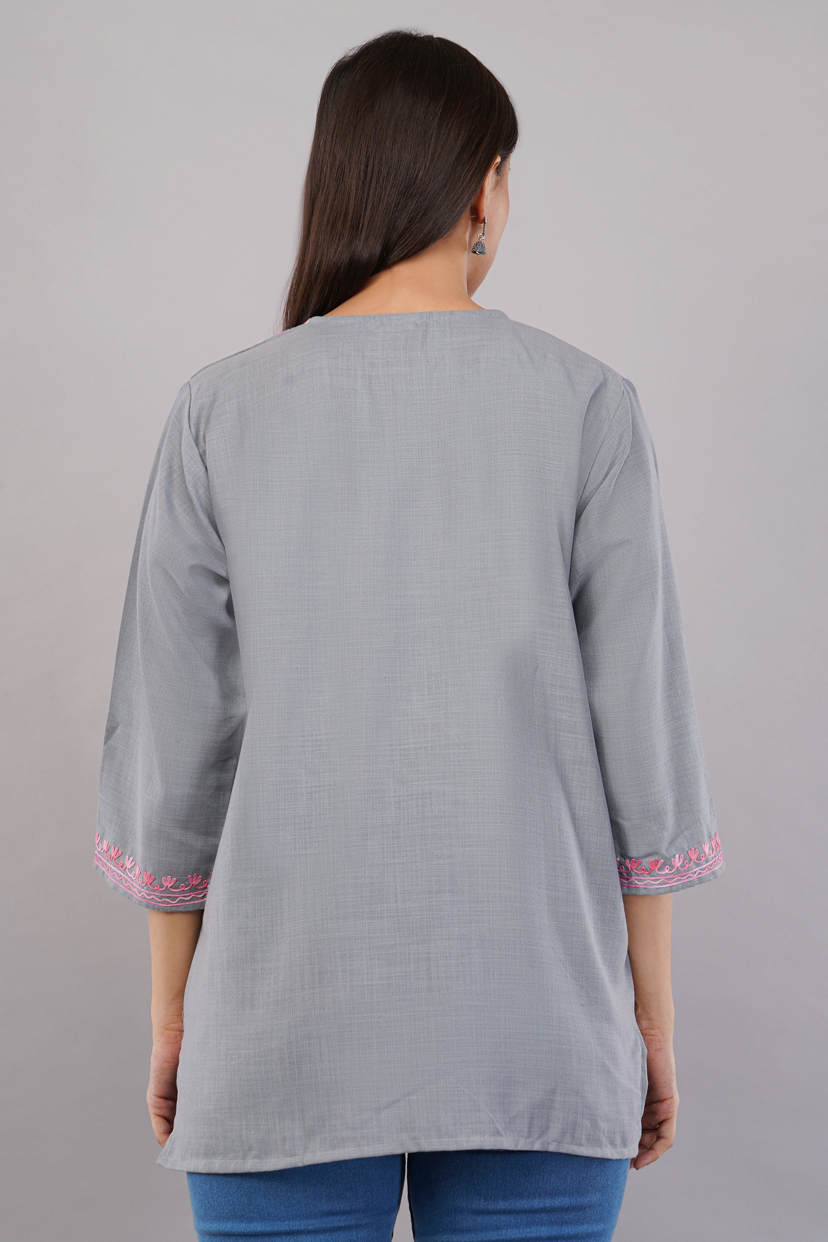 Blush Aari on Steel Grey Kashmiri Kurti