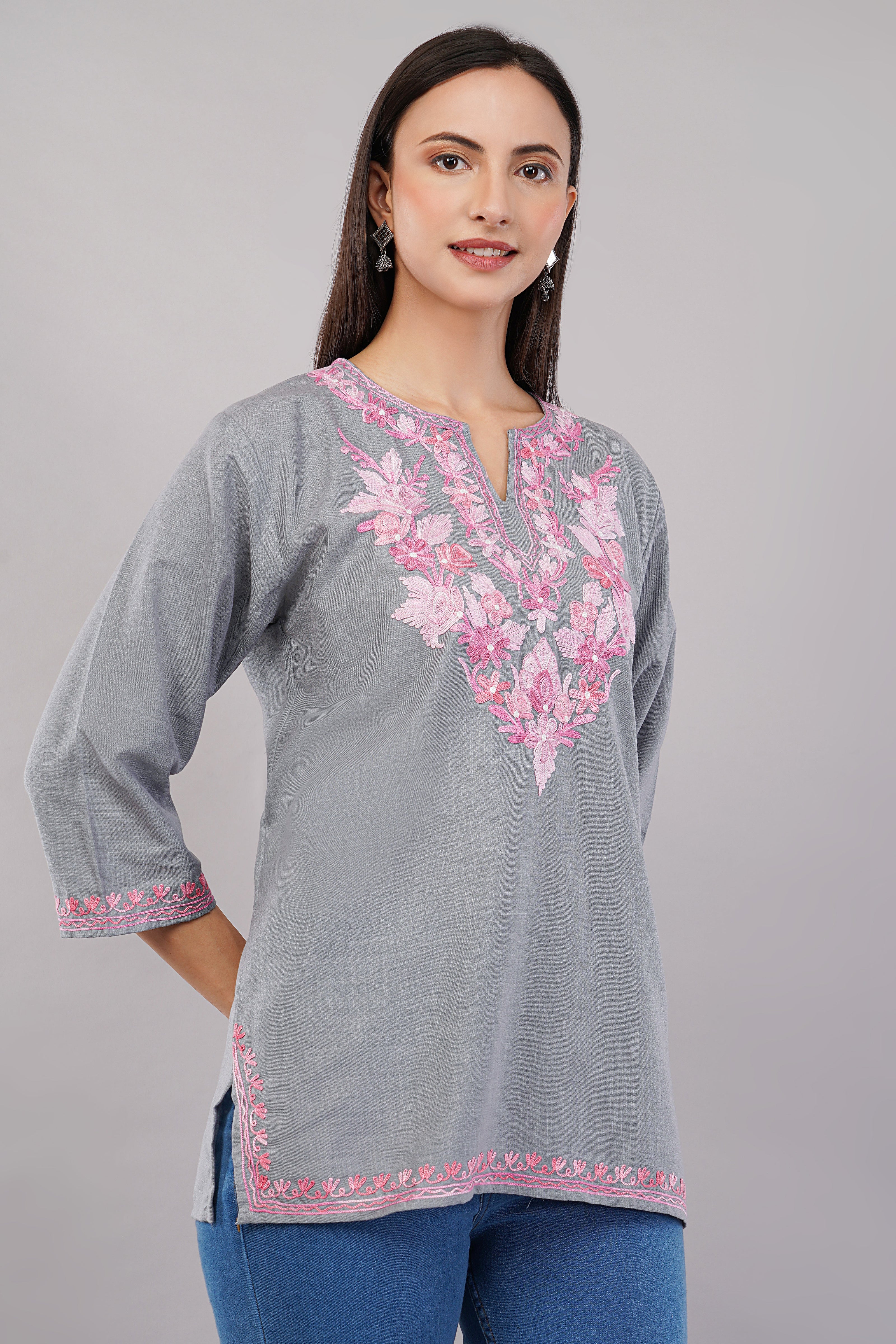 Blush Aari on Steel Grey Kashmiri Kurti