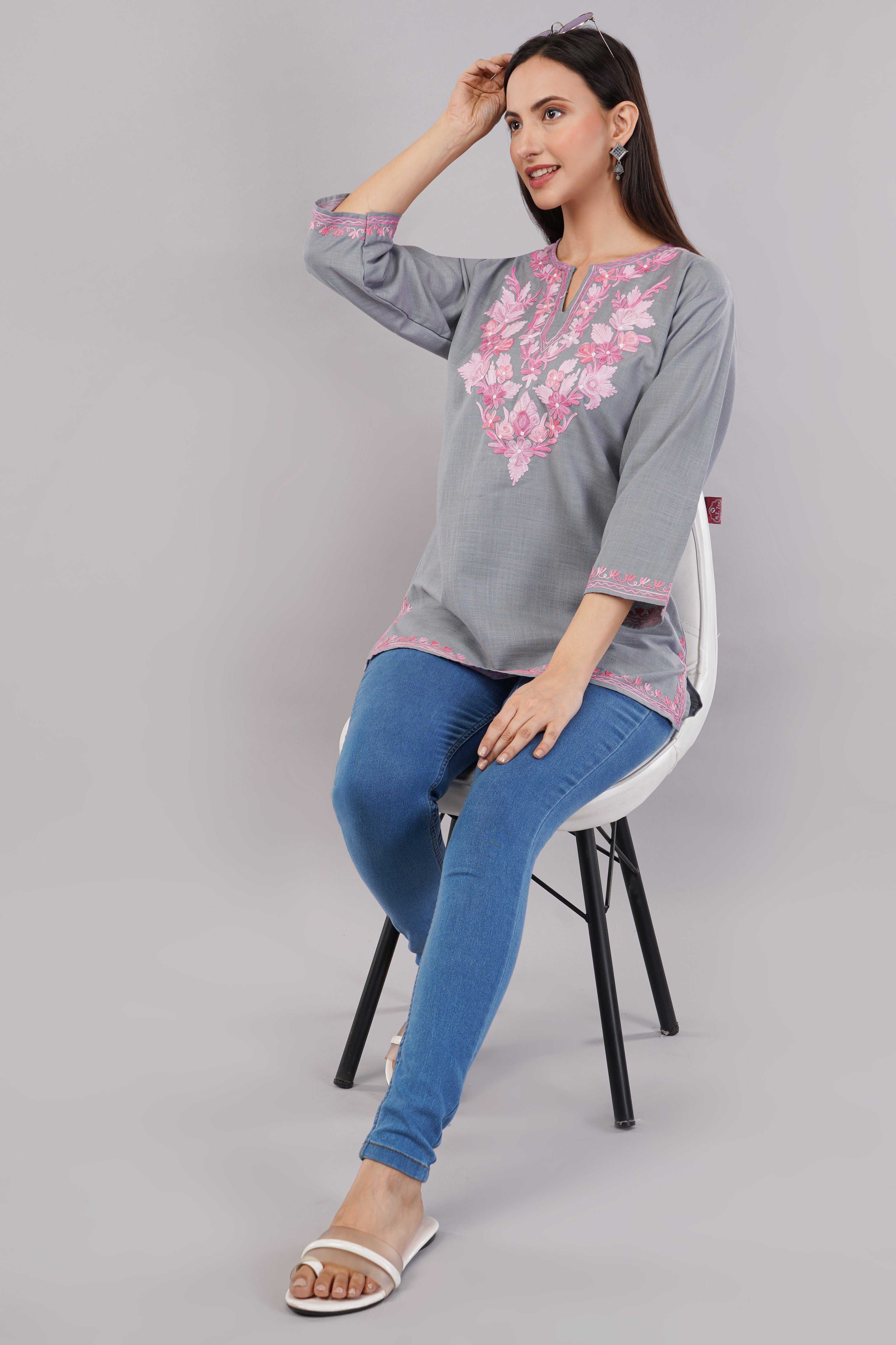 Blush Aari on Steel Grey Kashmiri Kurti