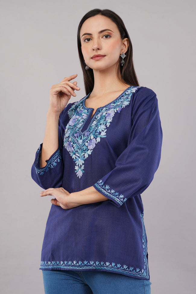 Sapphire Charm Kashmiri Kurti with Sky Blue Aari