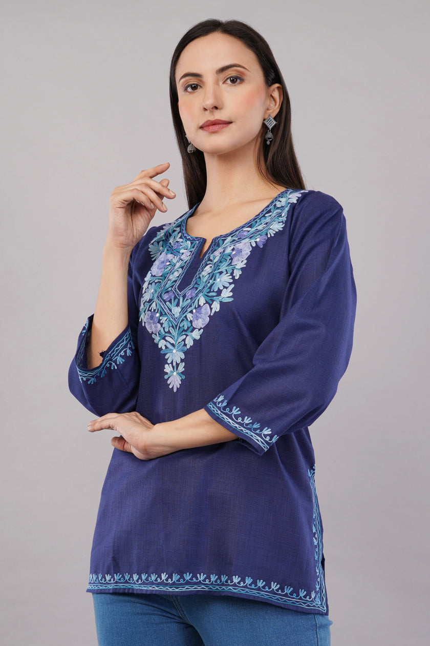 Sapphire Charm Kashmiri Kurti with Sky Blue Aari