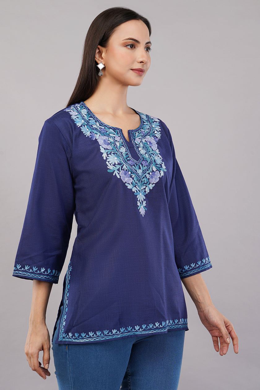Sapphire Charm Kashmiri Kurti with Sky Blue Aari
