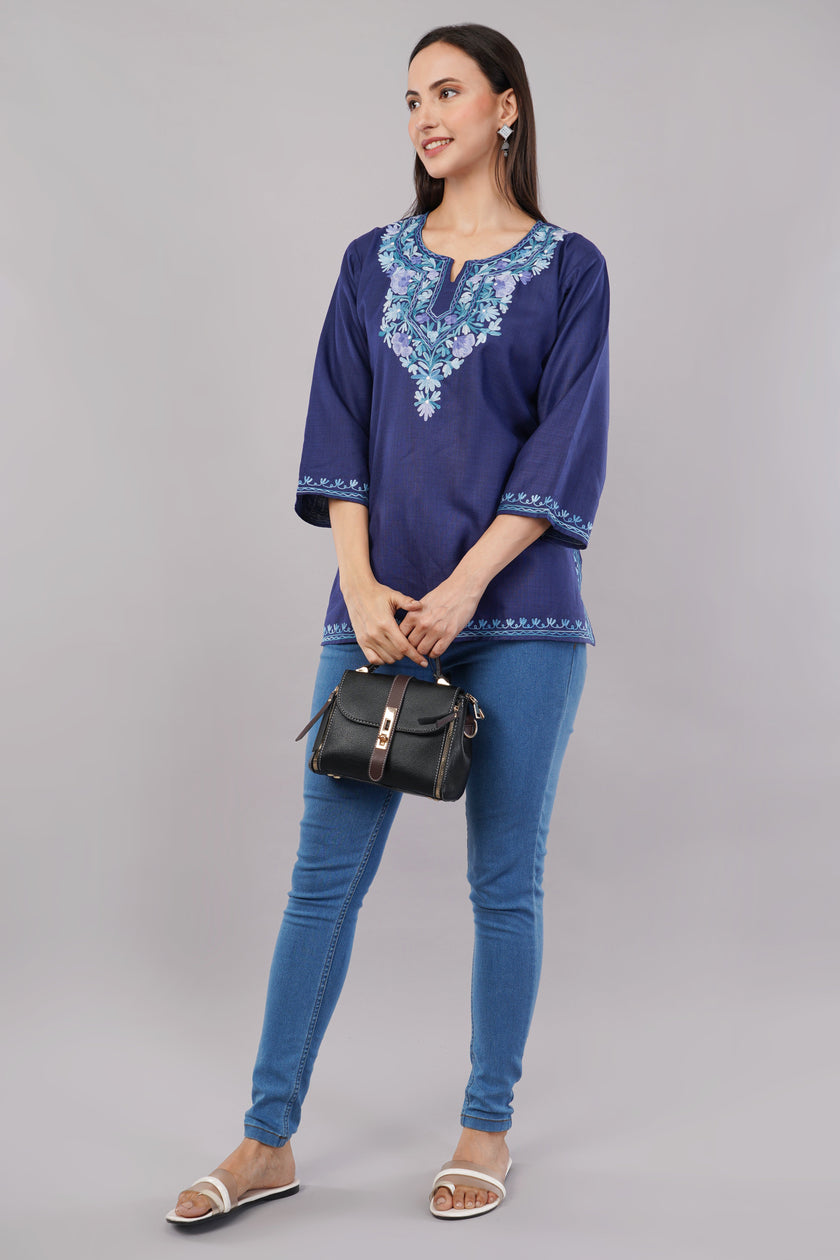 Sapphire Charm Kashmiri Kurti with Sky Blue Aari