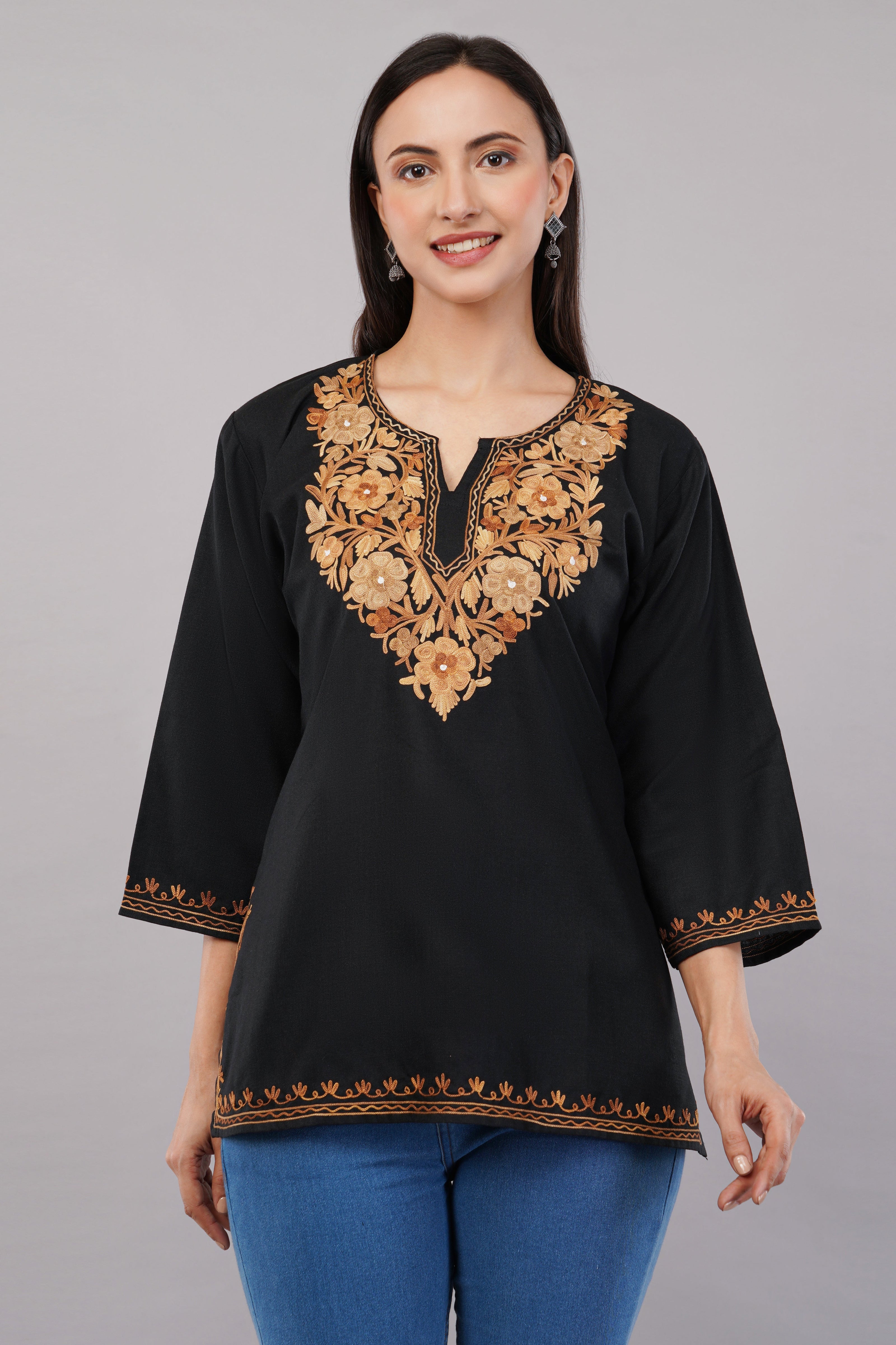Charcoal Glint Kashmiri Kurti with Burnished Aari