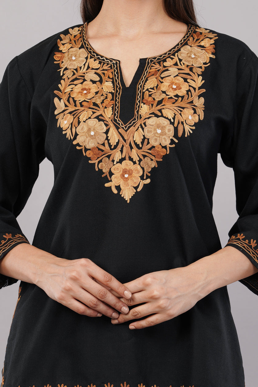 Charcoal Glint Kashmiri Kurti with Burnished Aari