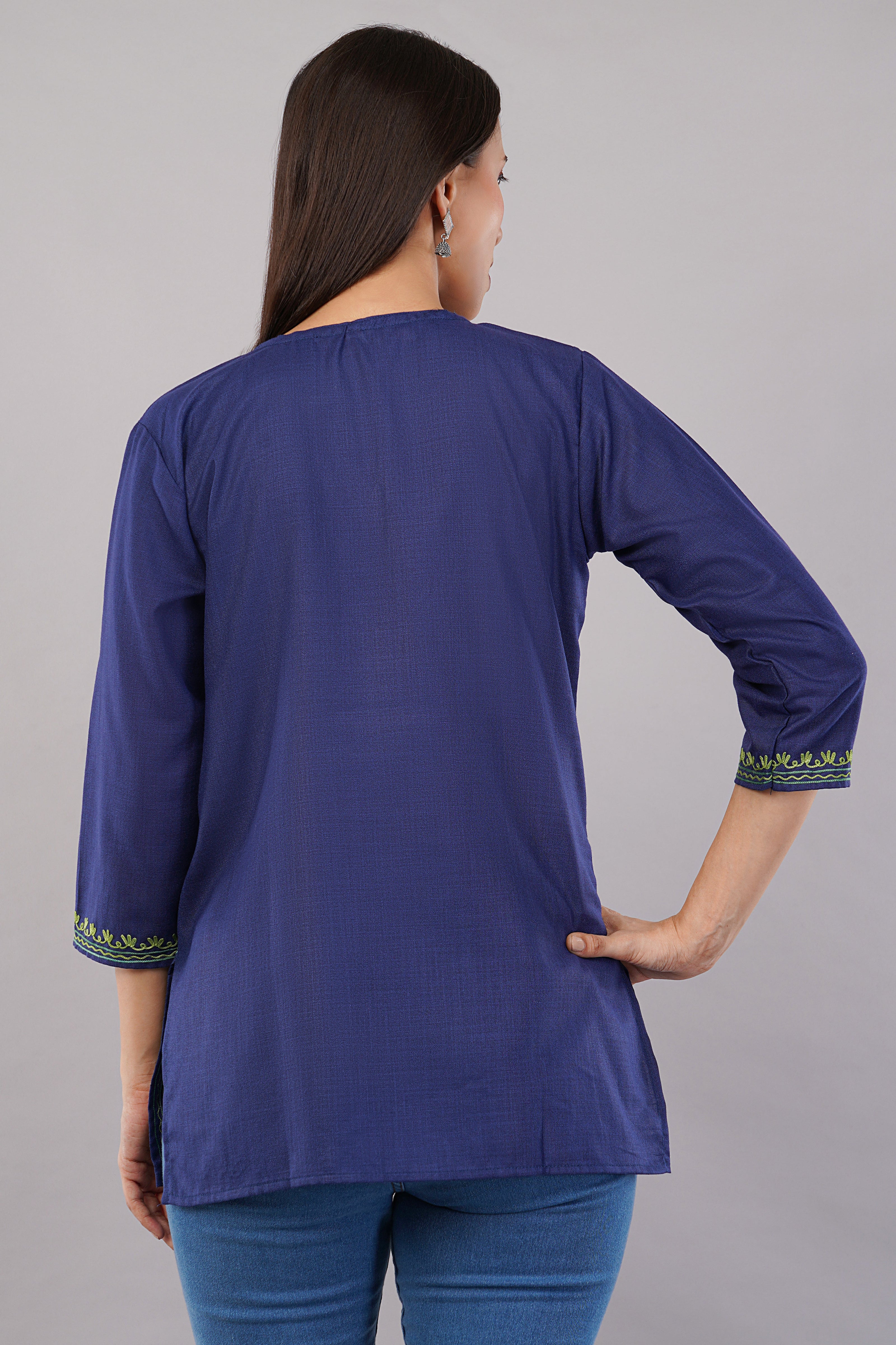 Azure Bloom Navy Kashmiri Kurti with Green Aari
