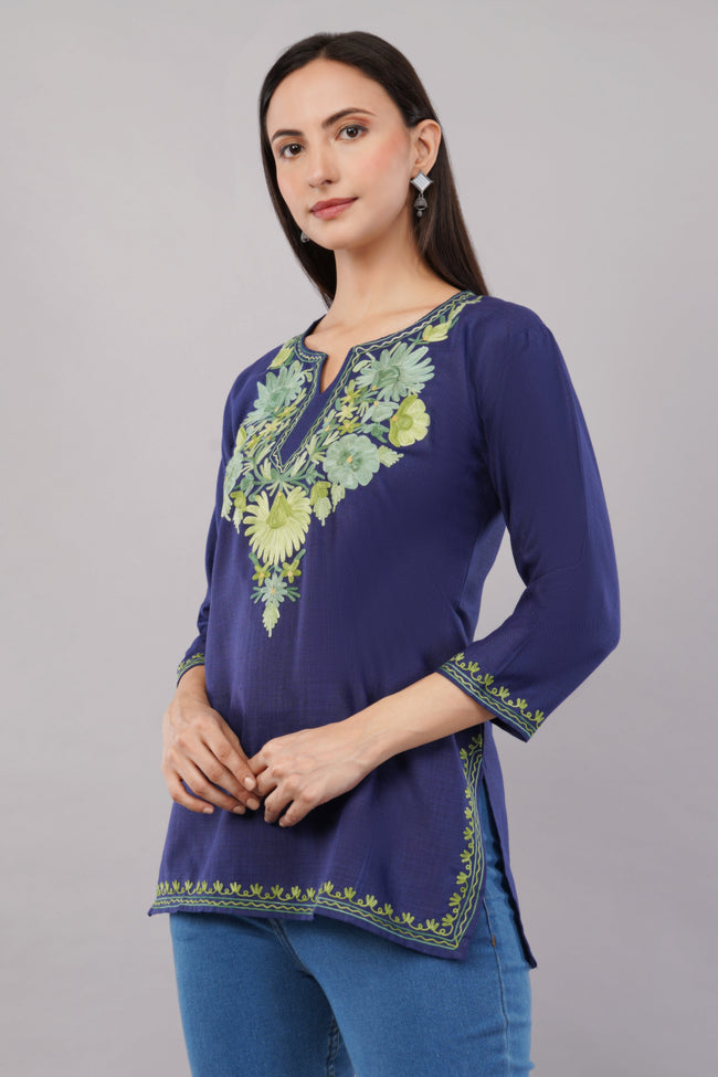 Azure Bloom Navy Kashmiri Kurti with Green Aari