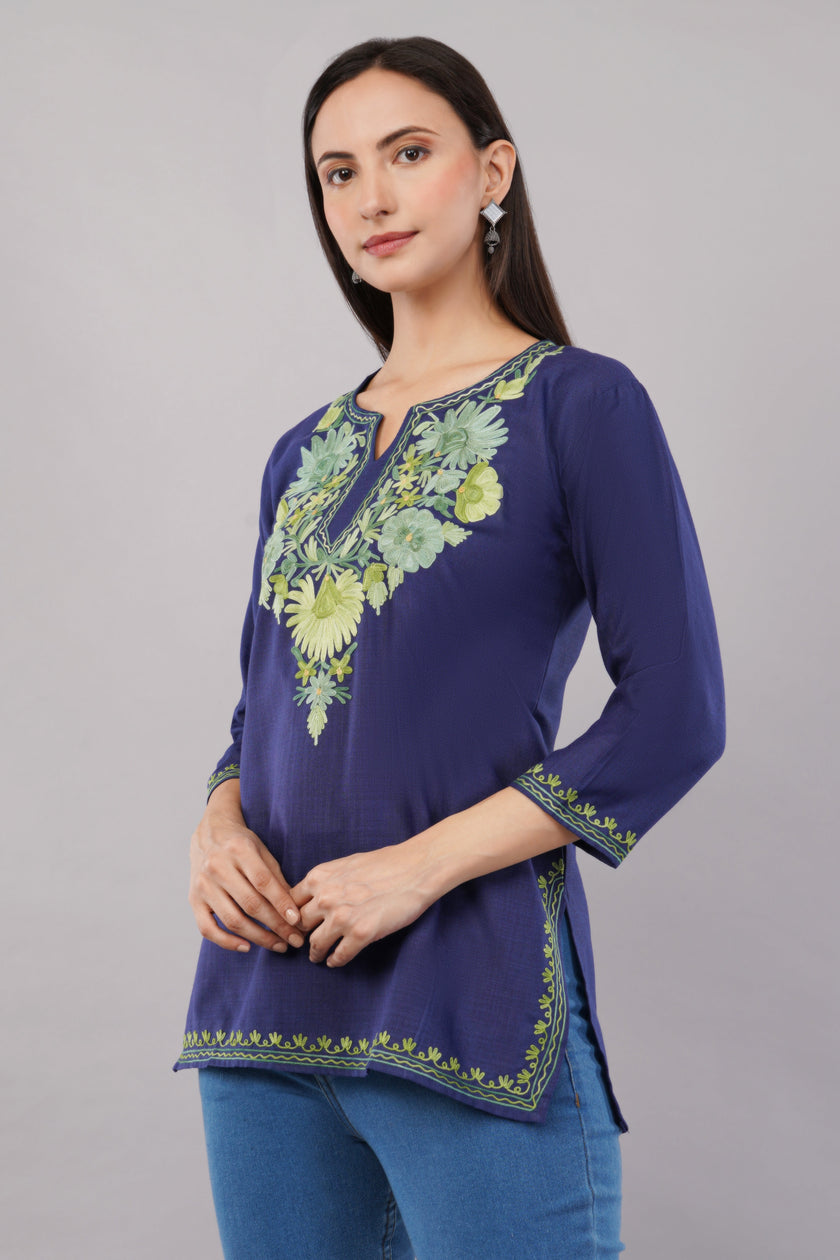 Azure Bloom Navy Kashmiri Kurti with Green Aari