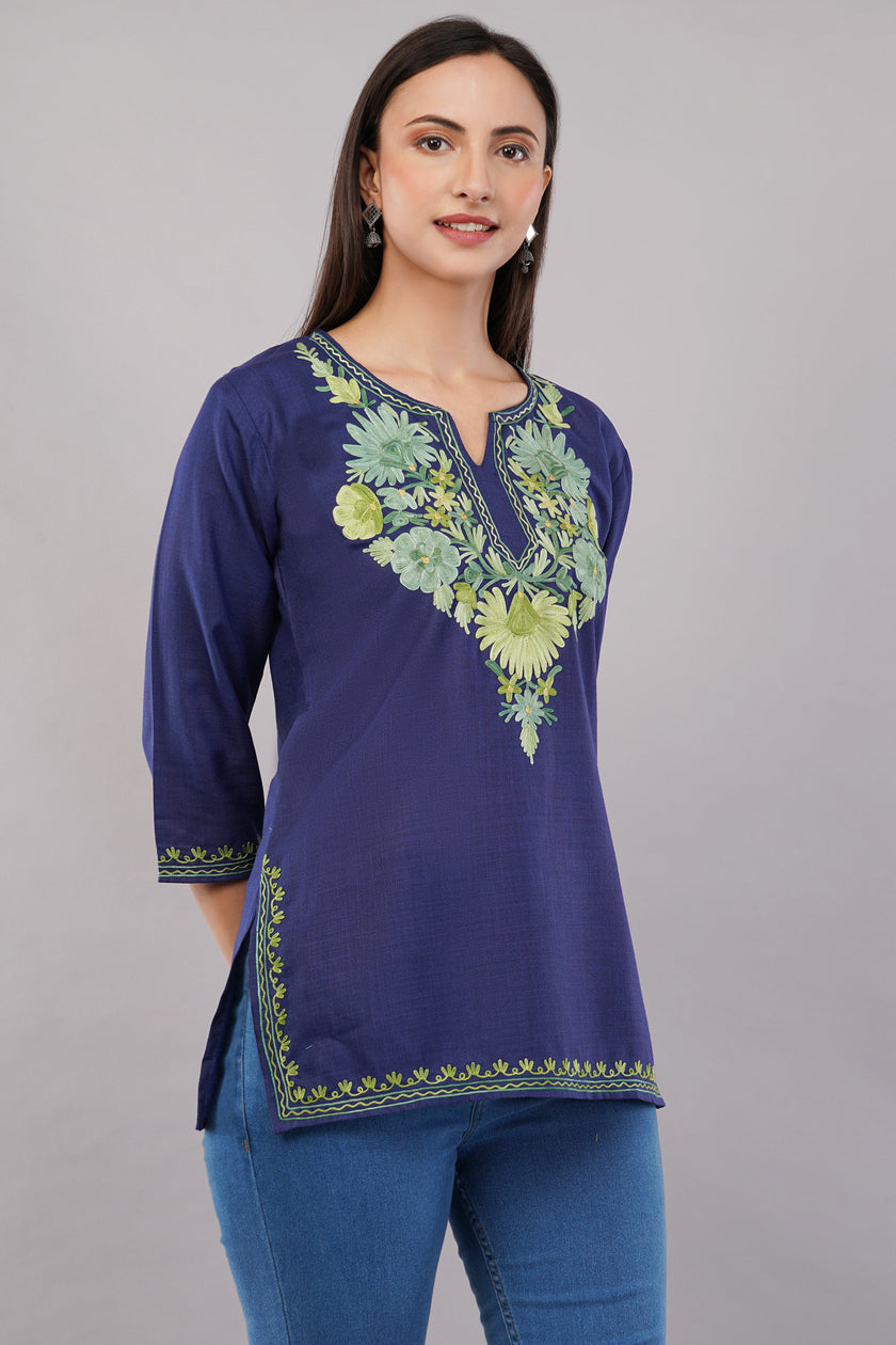 Azure Bloom Navy Kashmiri Kurti with Green Aari