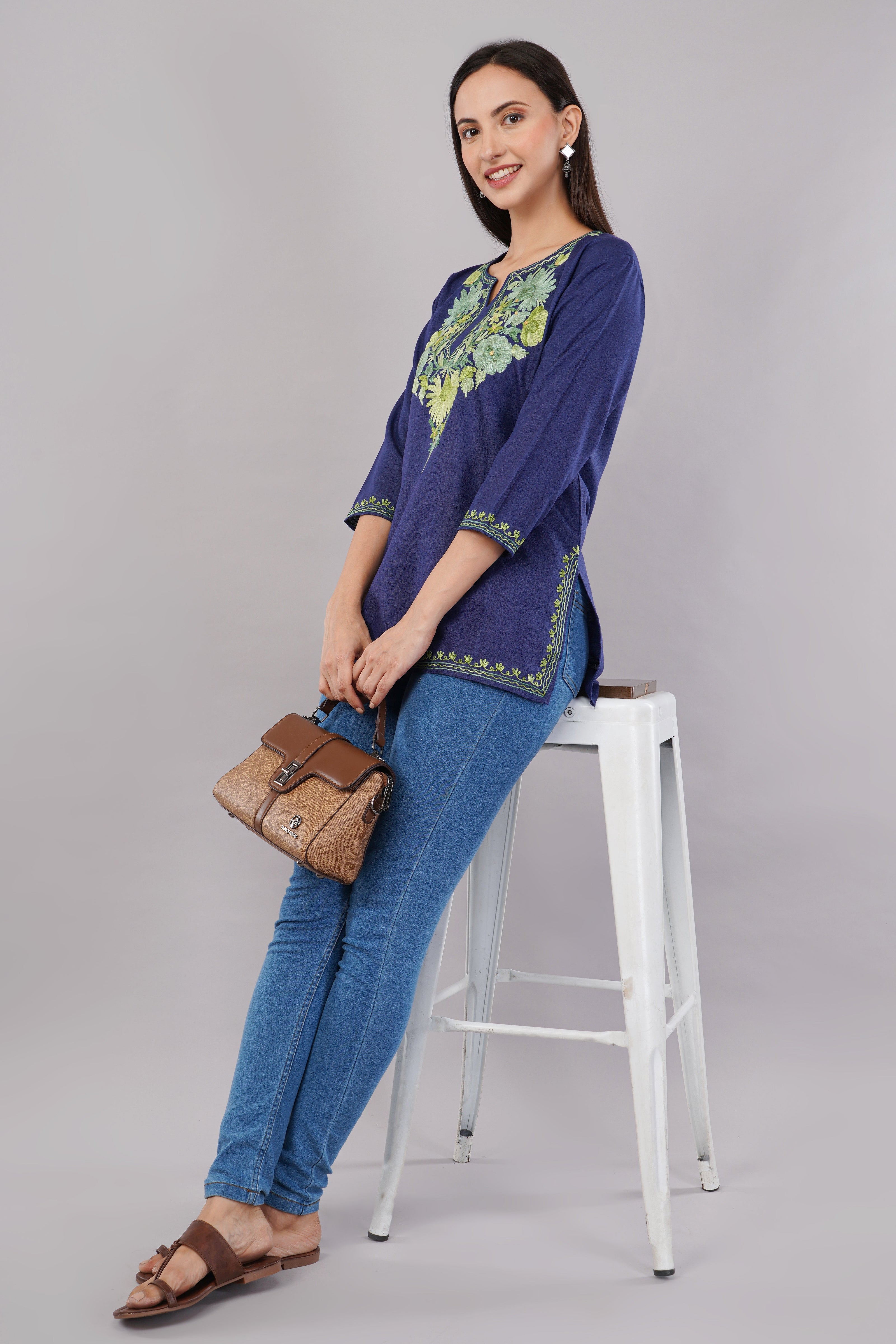 Azure Bloom Navy Kashmiri Kurti with Green Aari