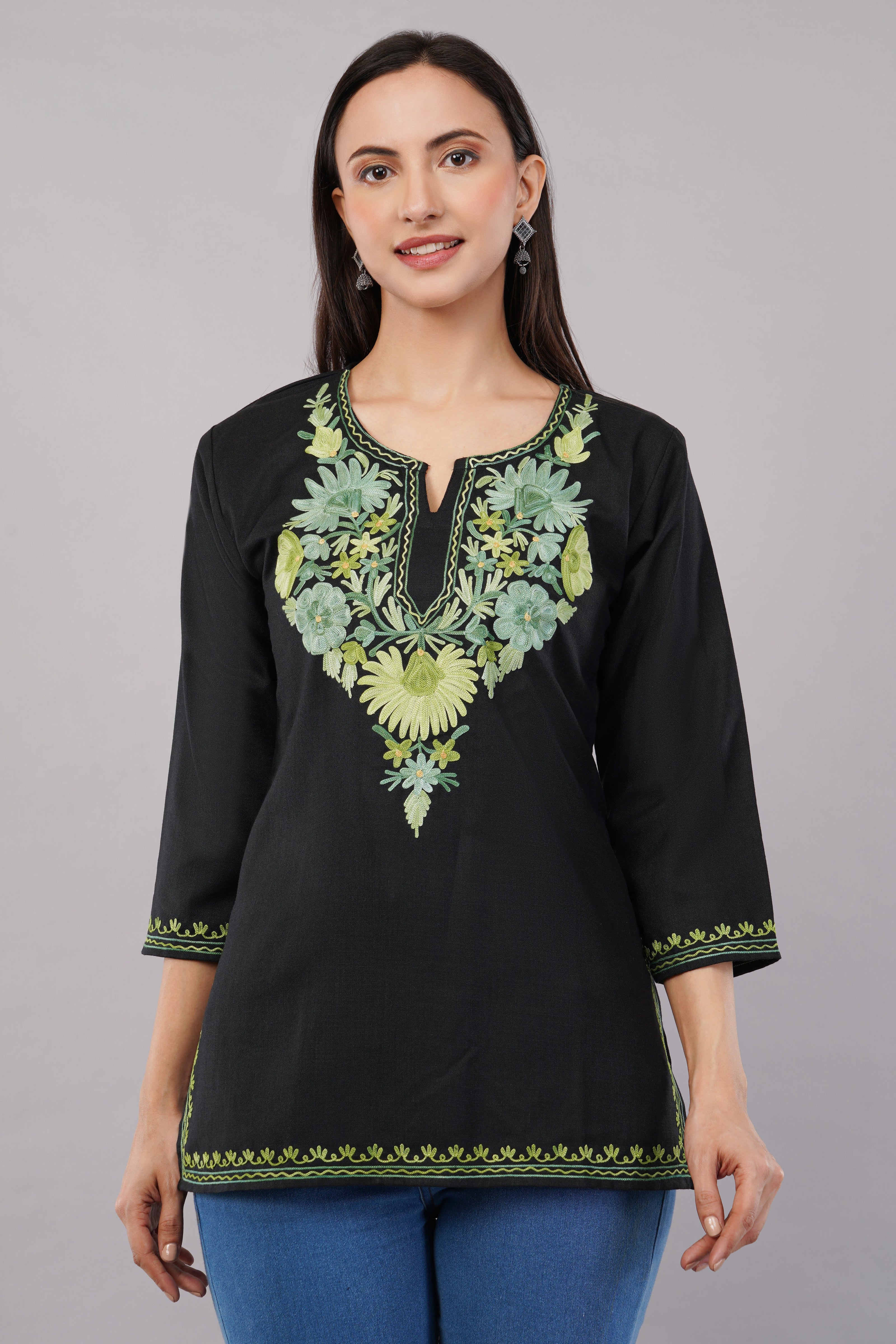 Emerald Vine Black Kashmiri Kurti with Green Aari