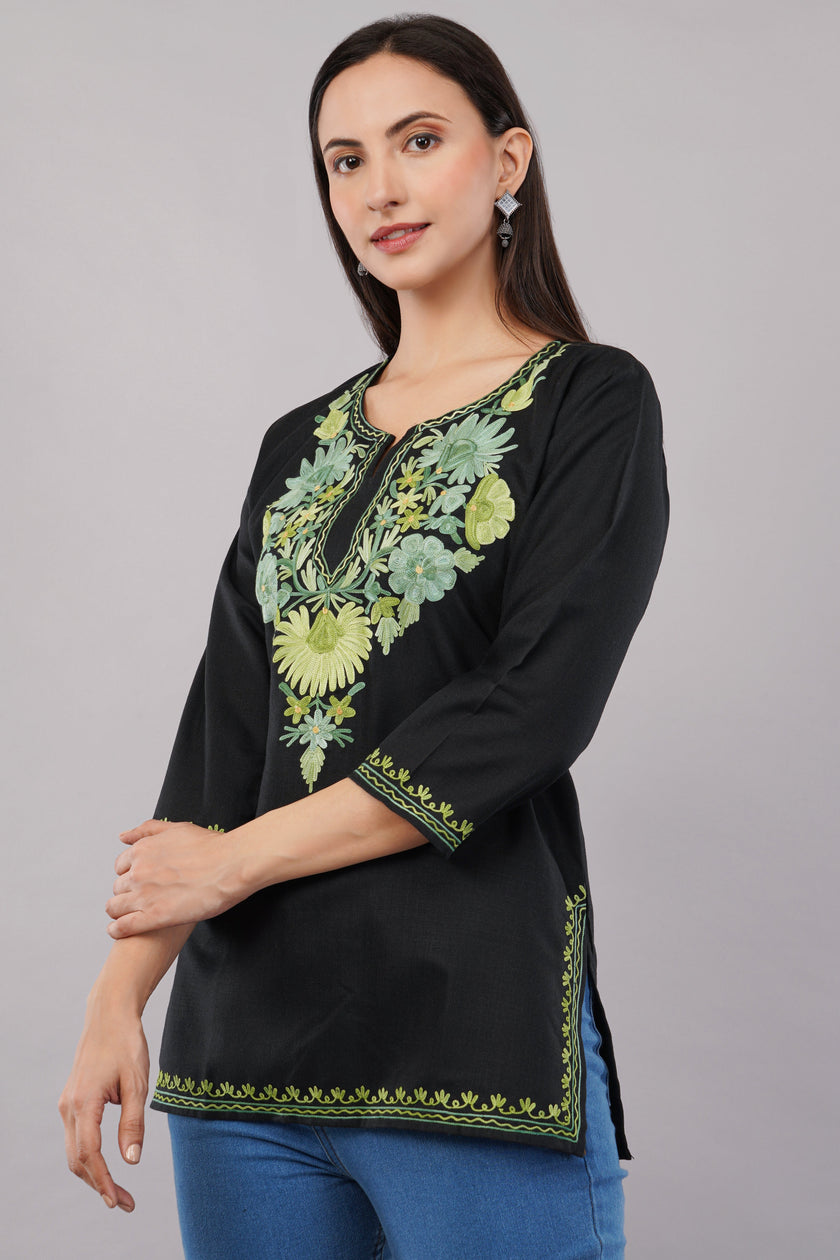 Emerald Vine Black Kashmiri Kurti with Green Aari