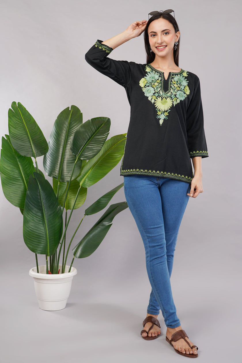 Emerald Vine Black Kashmiri Kurti with Green Aari