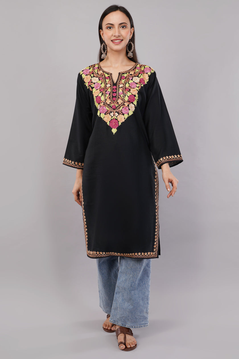 Midnight Bloom Black Kashmiri Aari Embroidered Kurta
