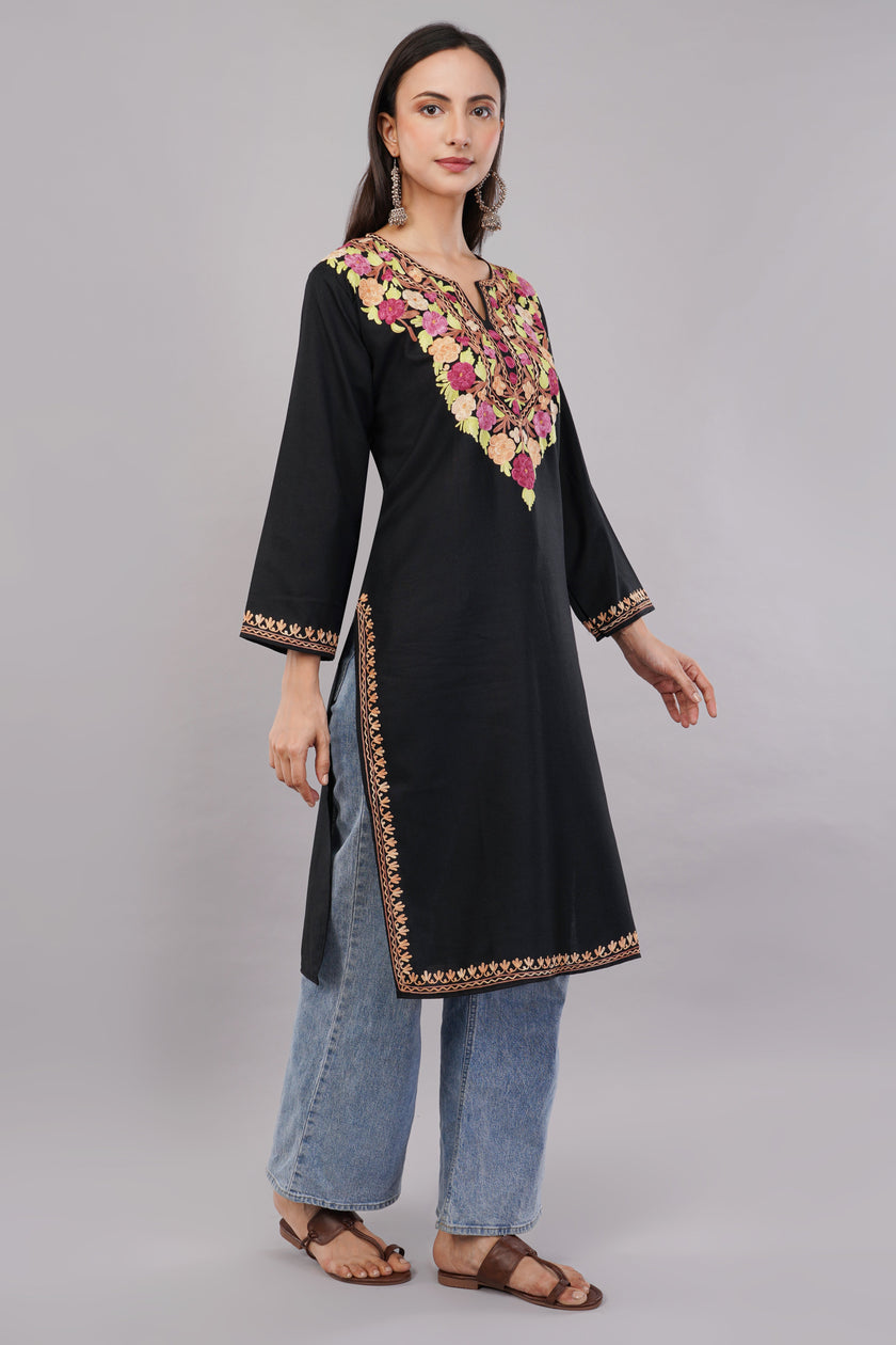 Midnight Bloom Black Kashmiri Aari Embroidered Kurta