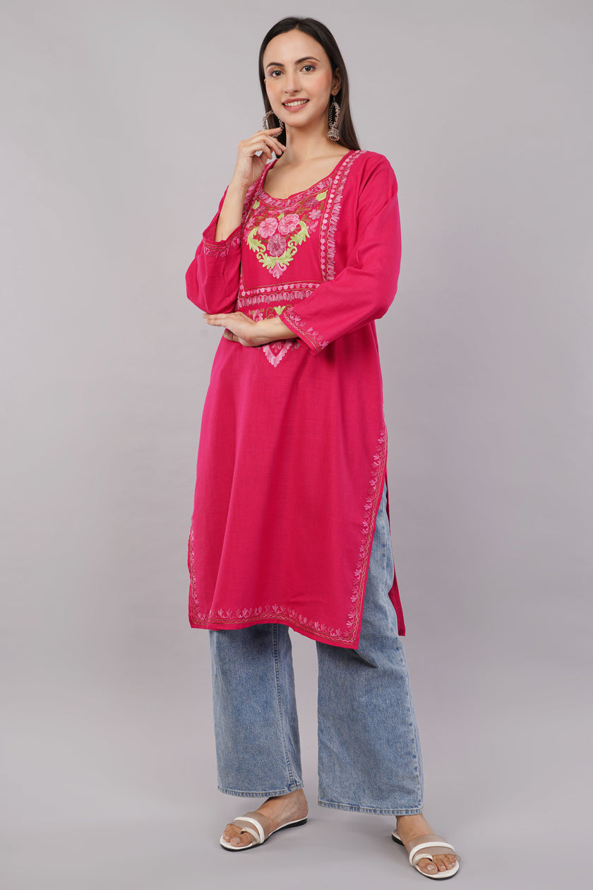 Debian Red Kashmiri Aari Embroidered Cotton Kurta