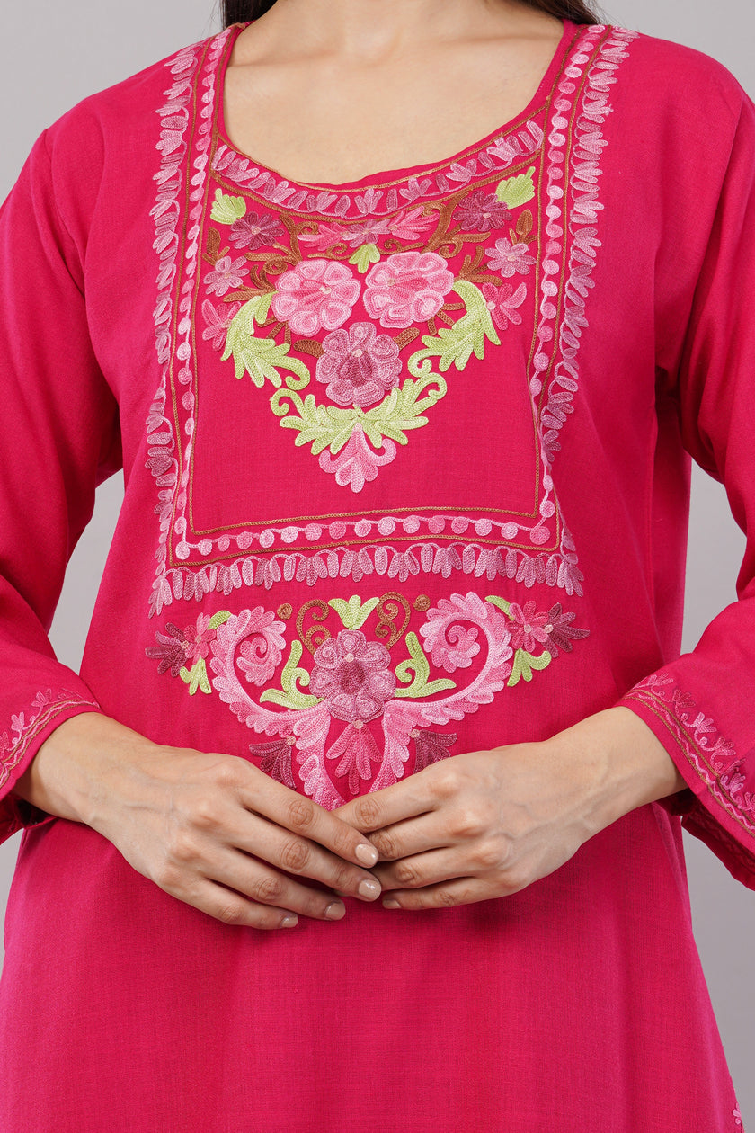 Debian Red Kashmiri Aari Embroidered Cotton Kurta