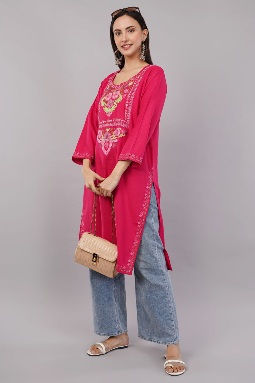 Debian Red Kashmiri Aari Embroidered Cotton Kurta