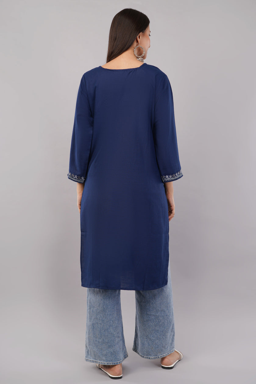 Midnight Blue Ruby Cotton Kurta with Pastel Aari Embroidery
