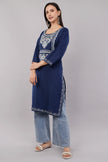 Midnight Blue Ruby Cotton Kurta with Pastel Aari Embroidery