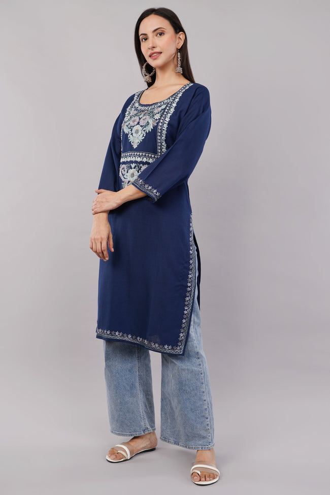 Midnight Blue Ruby Cotton Kurta with Pastel Aari Embroidery