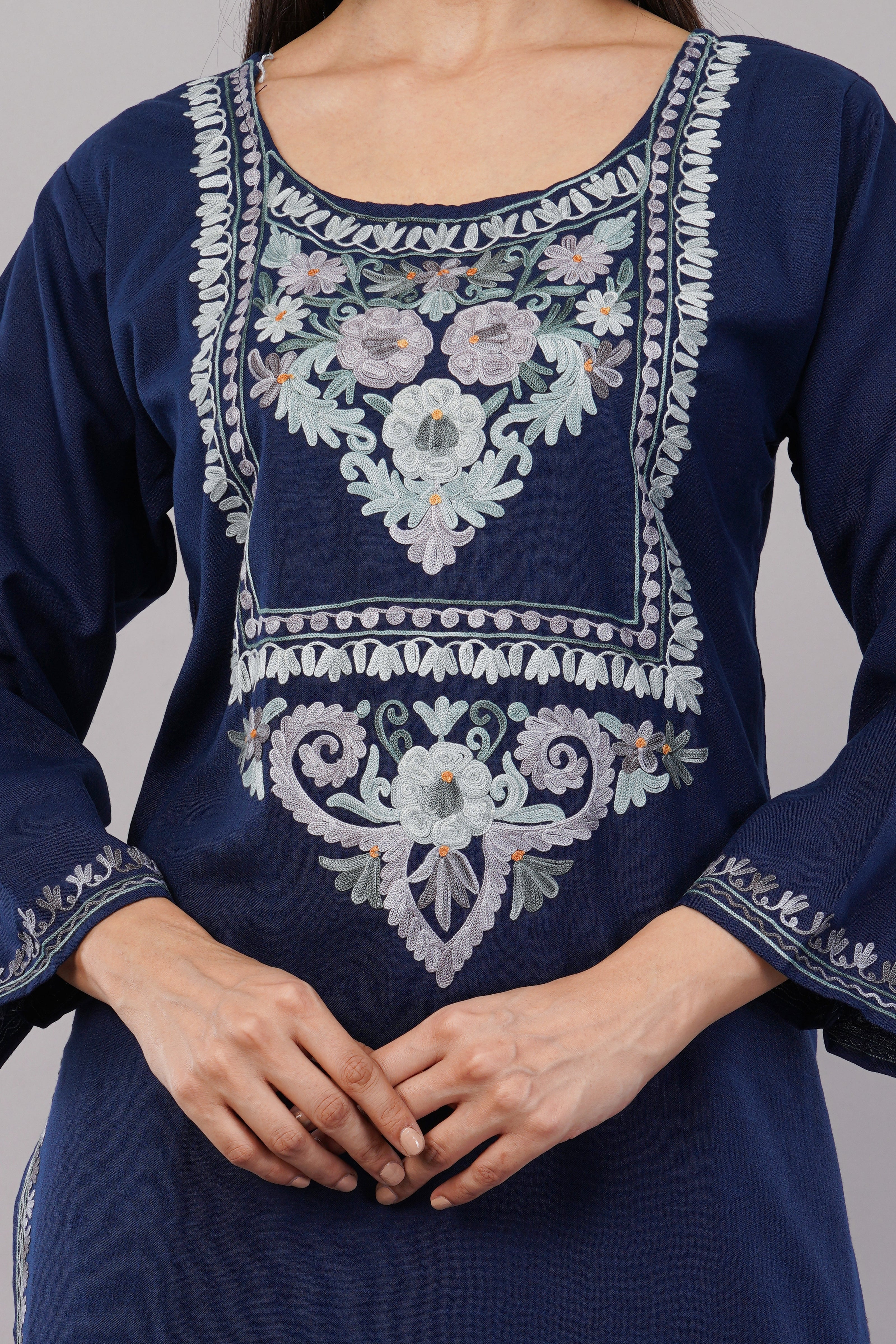 Midnight Blue Ruby Cotton Kurta with Pastel Aari Embroidery
