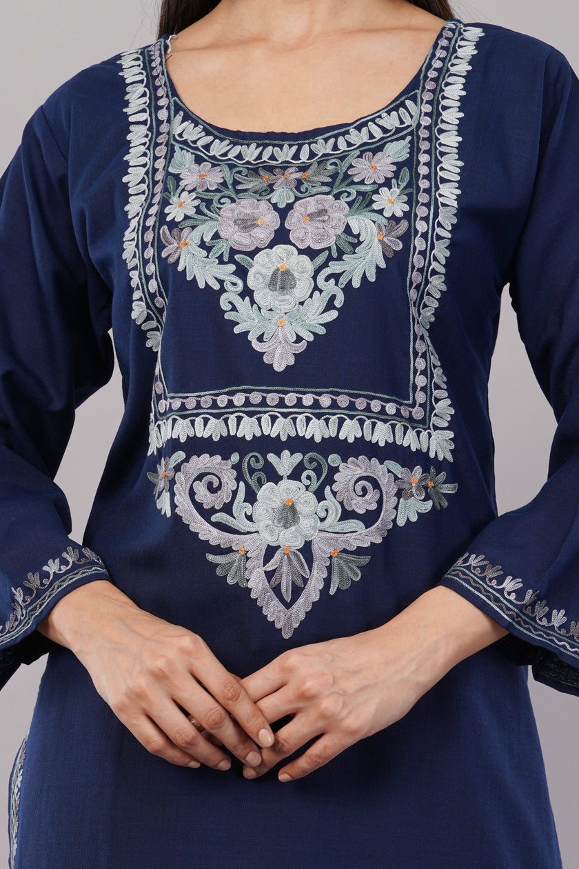 Midnight Blue Ruby Cotton Kurta with Pastel Aari Embroidery