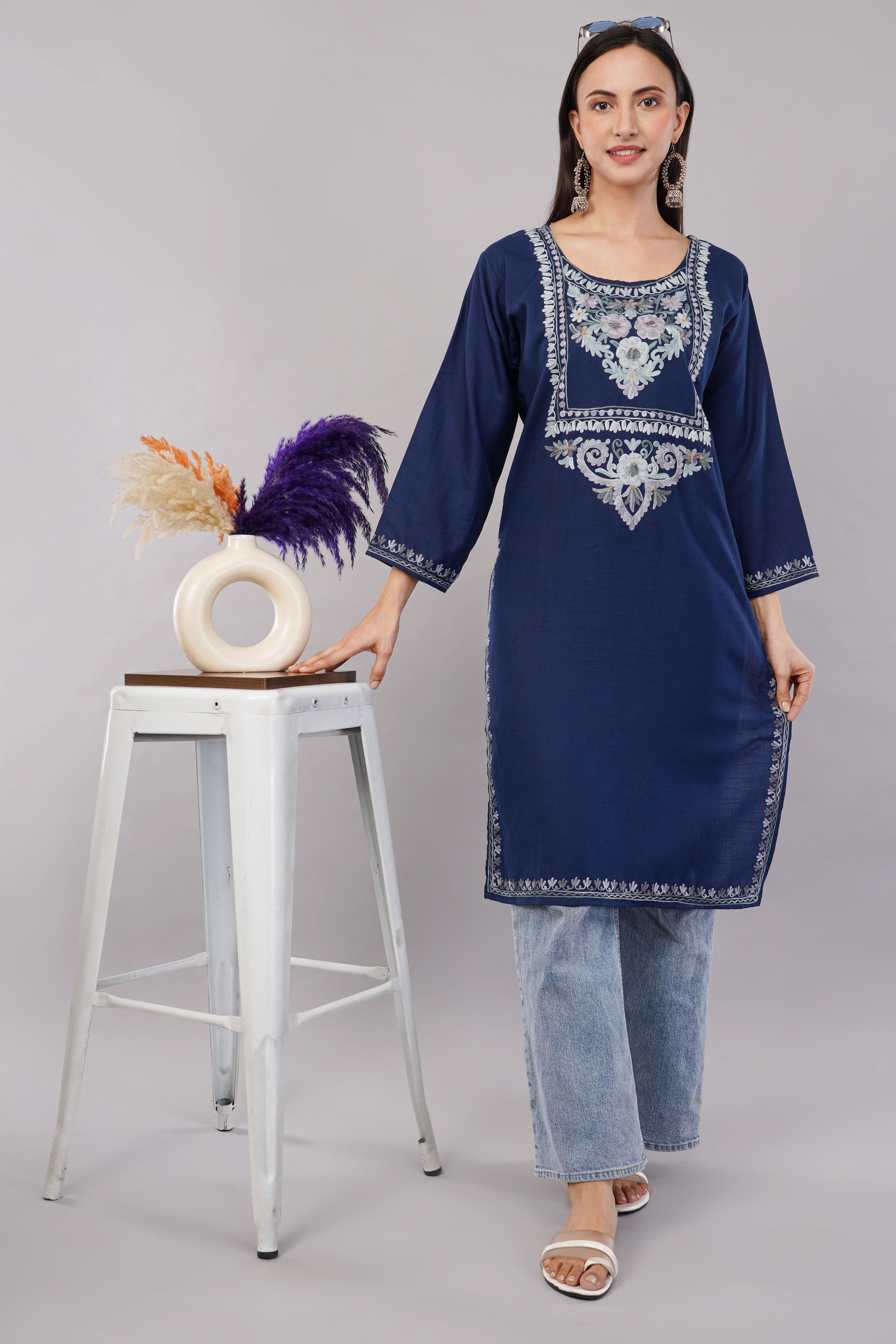 Midnight Blue Ruby Cotton Kurta with Pastel Aari Embroidery