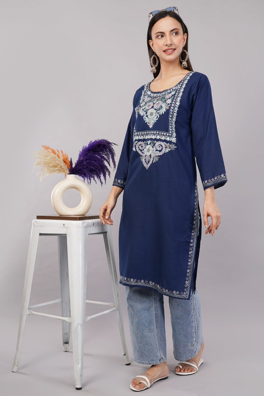 Midnight Blue Ruby Cotton Kurta with Pastel Aari Embroidery