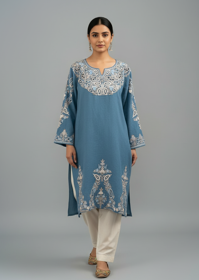 Celestial Teal Kashmiri Wool Pheran with Pastel Aari Embroidery