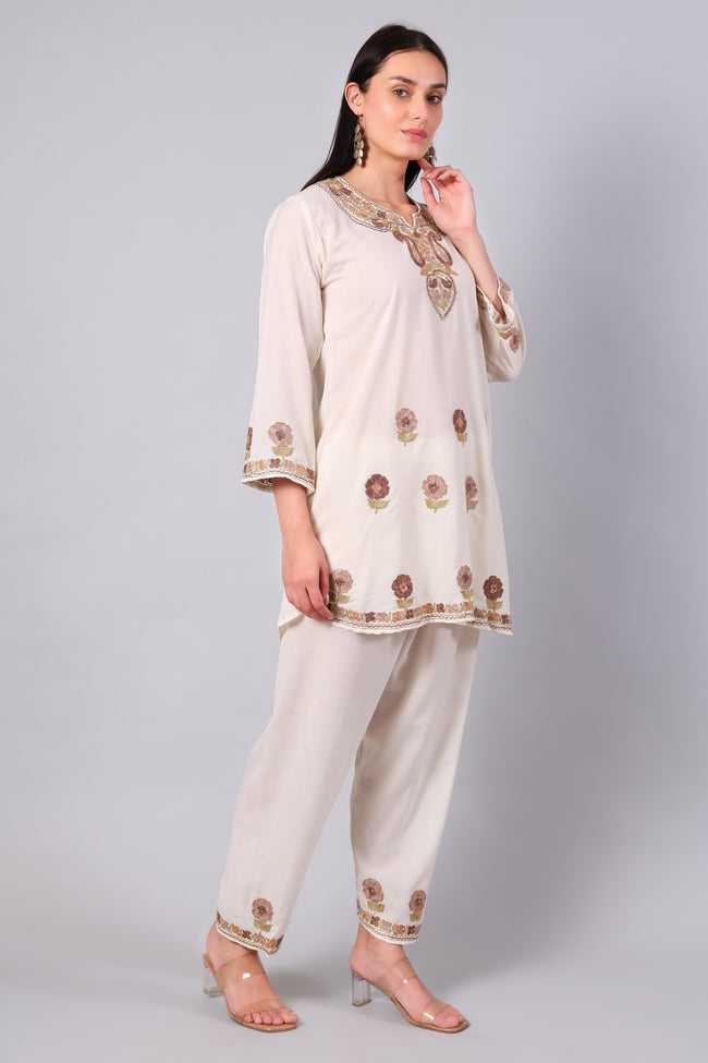 Cream Kashmiri Aari Co-ord Set with Floral Embroidery-Side