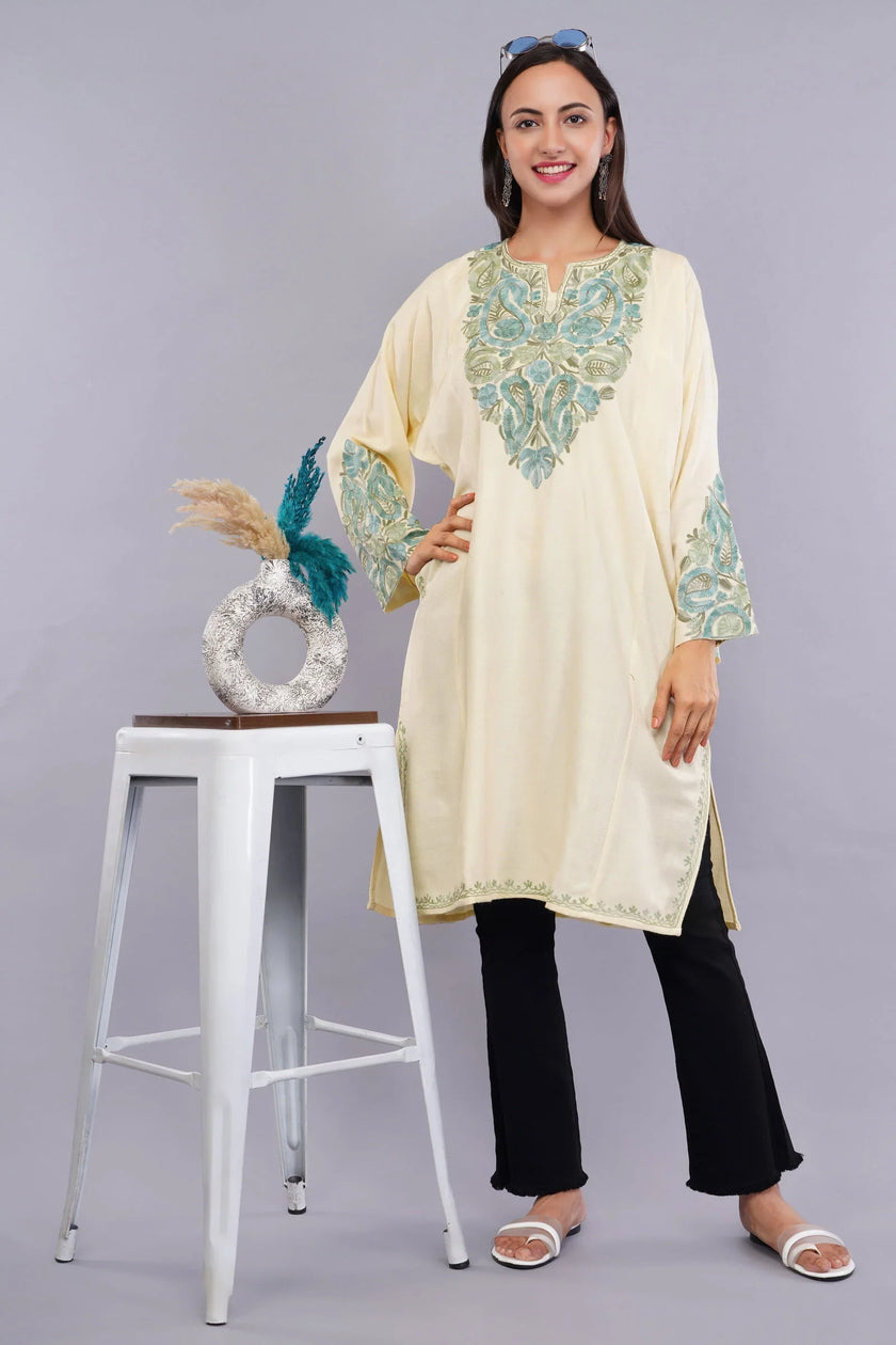 Double Spanish White Pheran with Thistle Green & Jet Stream Aari Embroidery - Kashmiri Pheran