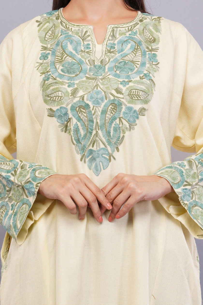 Double Spanish White Pheran with Thistle Green & Jet Stream Aari Embroidery - Kashmiri Pheran