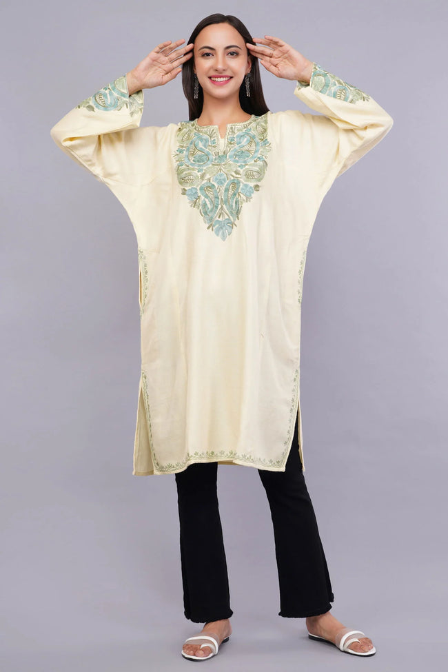 Double Spanish White Pheran with Thistle Green & Jet Stream Aari Embroidery - Kashmiri Pheran