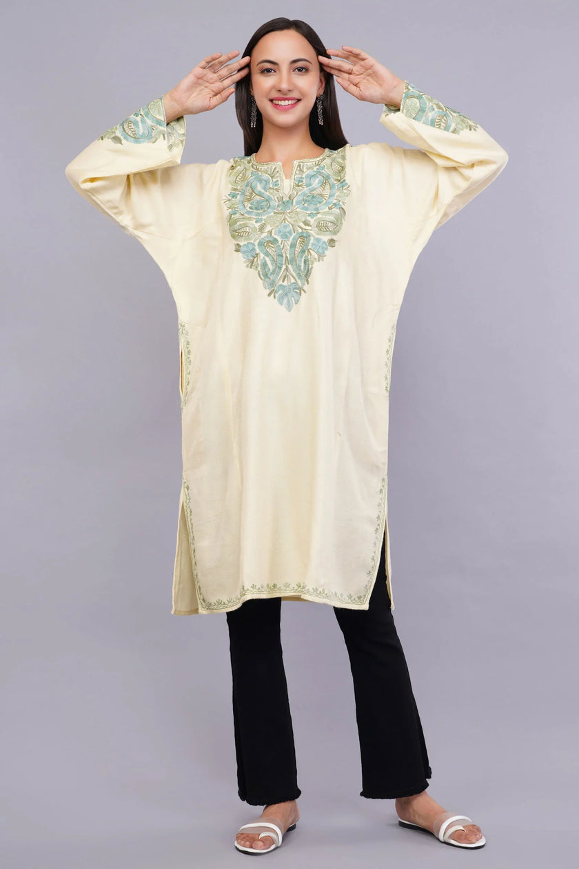 Double Spanish White Pheran with Thistle Green & Jet Stream Aari Embroidery - Kashmiri Pheran