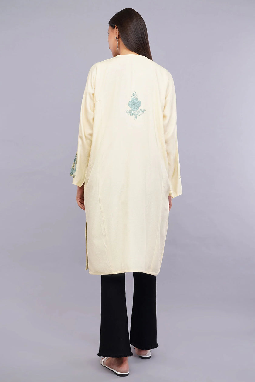 Double Spanish White Pheran with Thistle Green & Jet Stream Aari Embroidery - Kashmiri Pheran