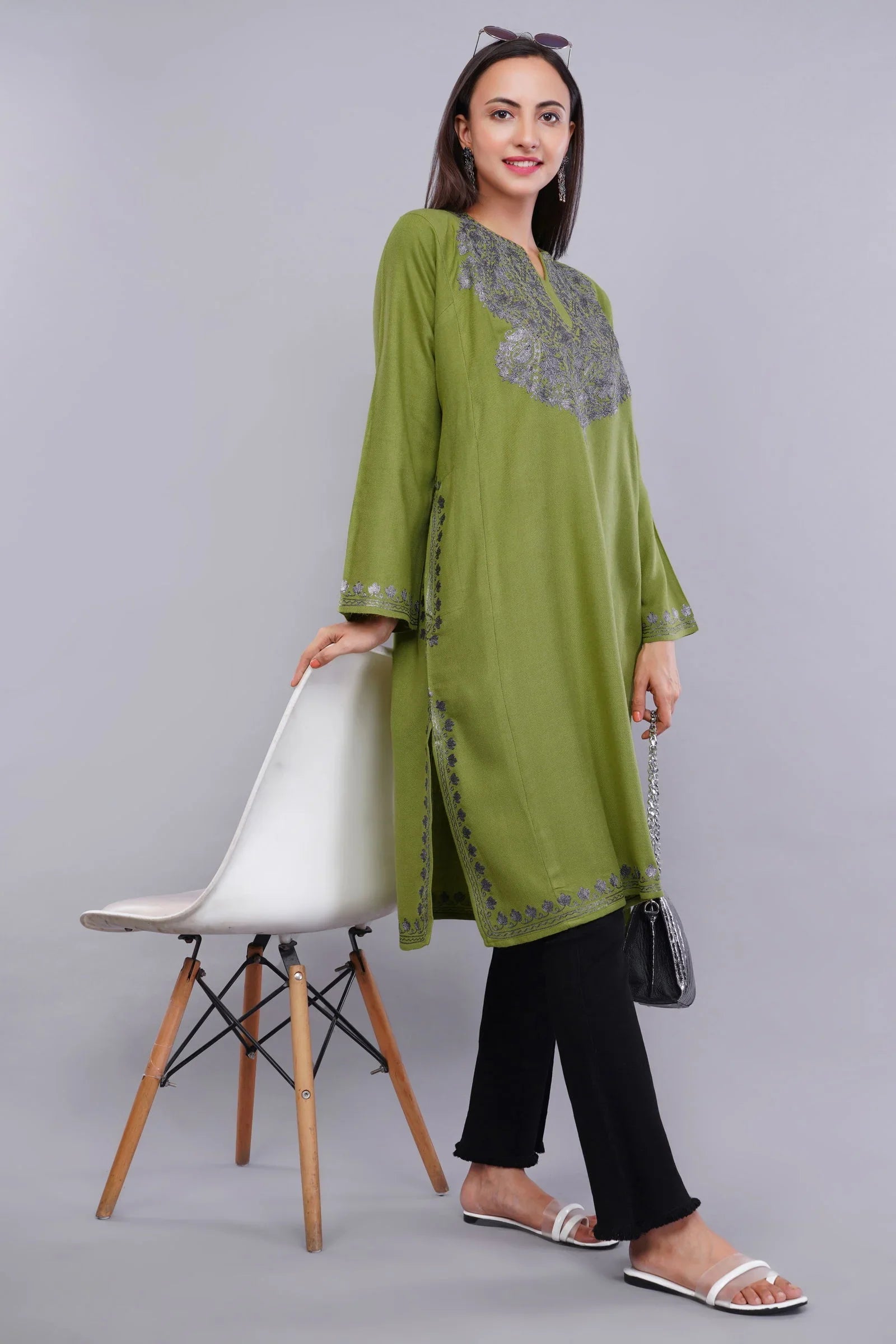 Elegant Green Cashmilon Pheran with Kashmiri Zari Embroidery - Kashmiri Pheran