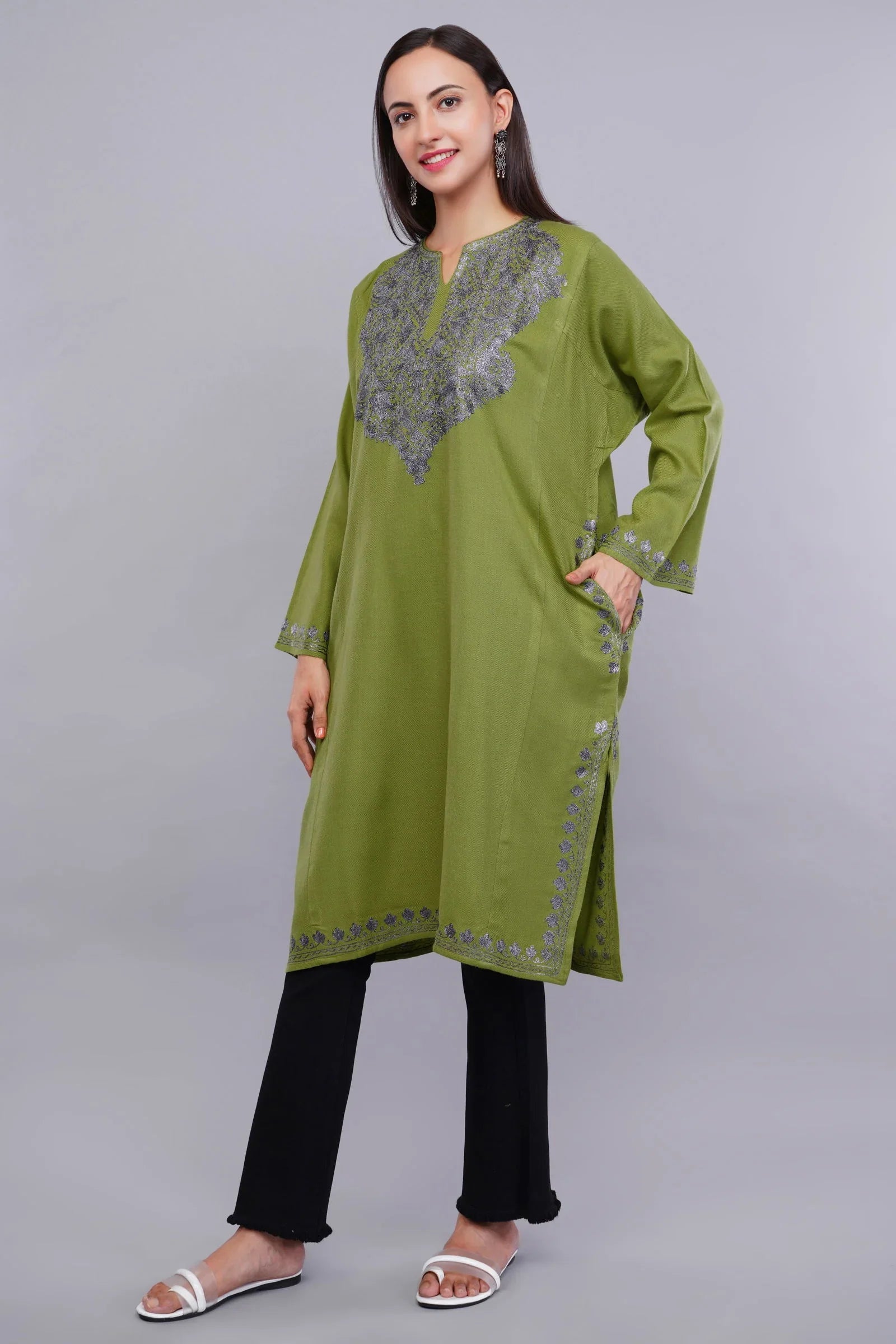 Elegant Green Cashmilon Pheran with Kashmiri Zari Embroidery - Kashmiri Pheran