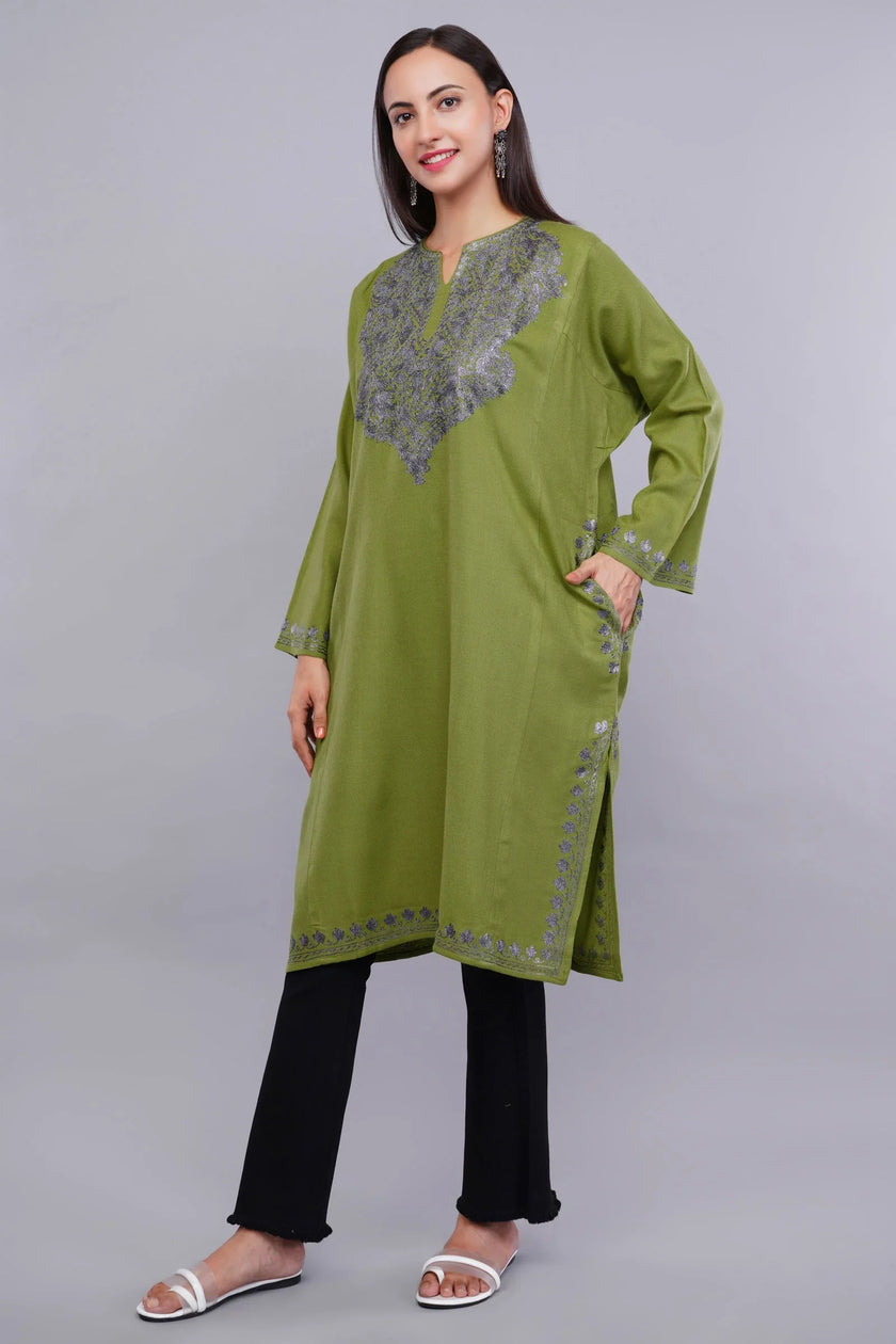 Elegant Green Cashmilon Pheran with Kashmiri Zari Embroidery - Kashmiri Pheran