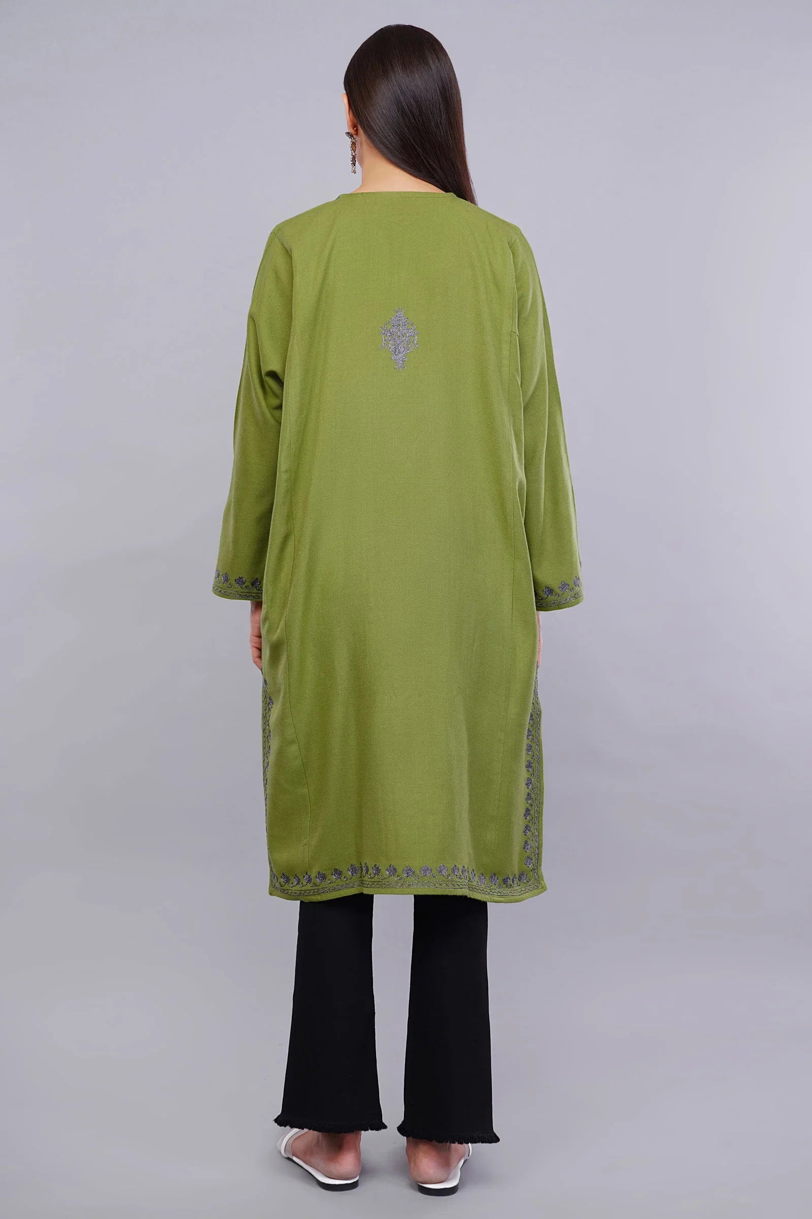 Elegant Green Cashmilon Pheran with Kashmiri Zari Embroidery - Kashmiri Pheran