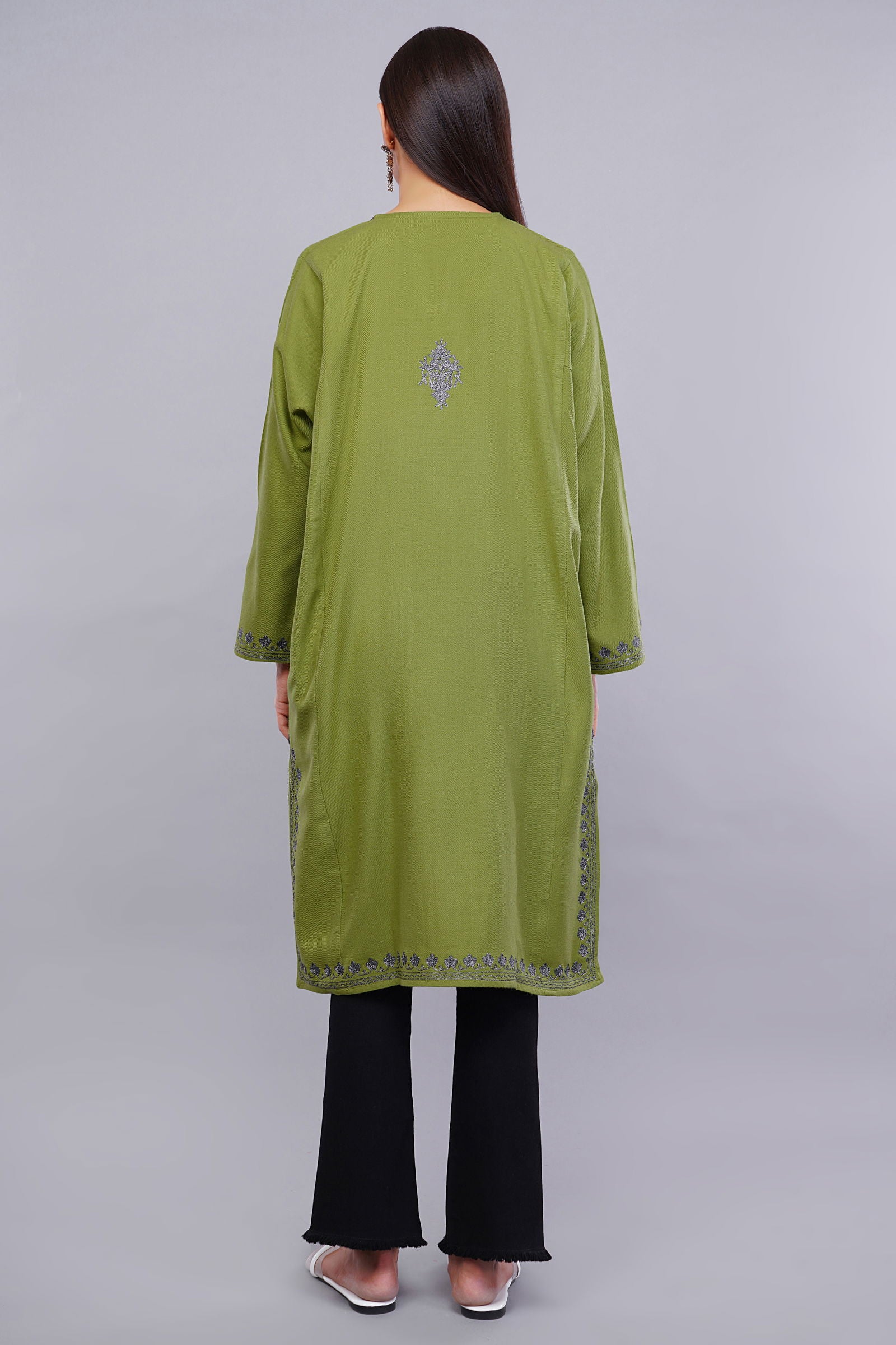 Elegant Green Cashmilon Pheran with Kashmiri Zari Embroidery - Kashmiri Pheran