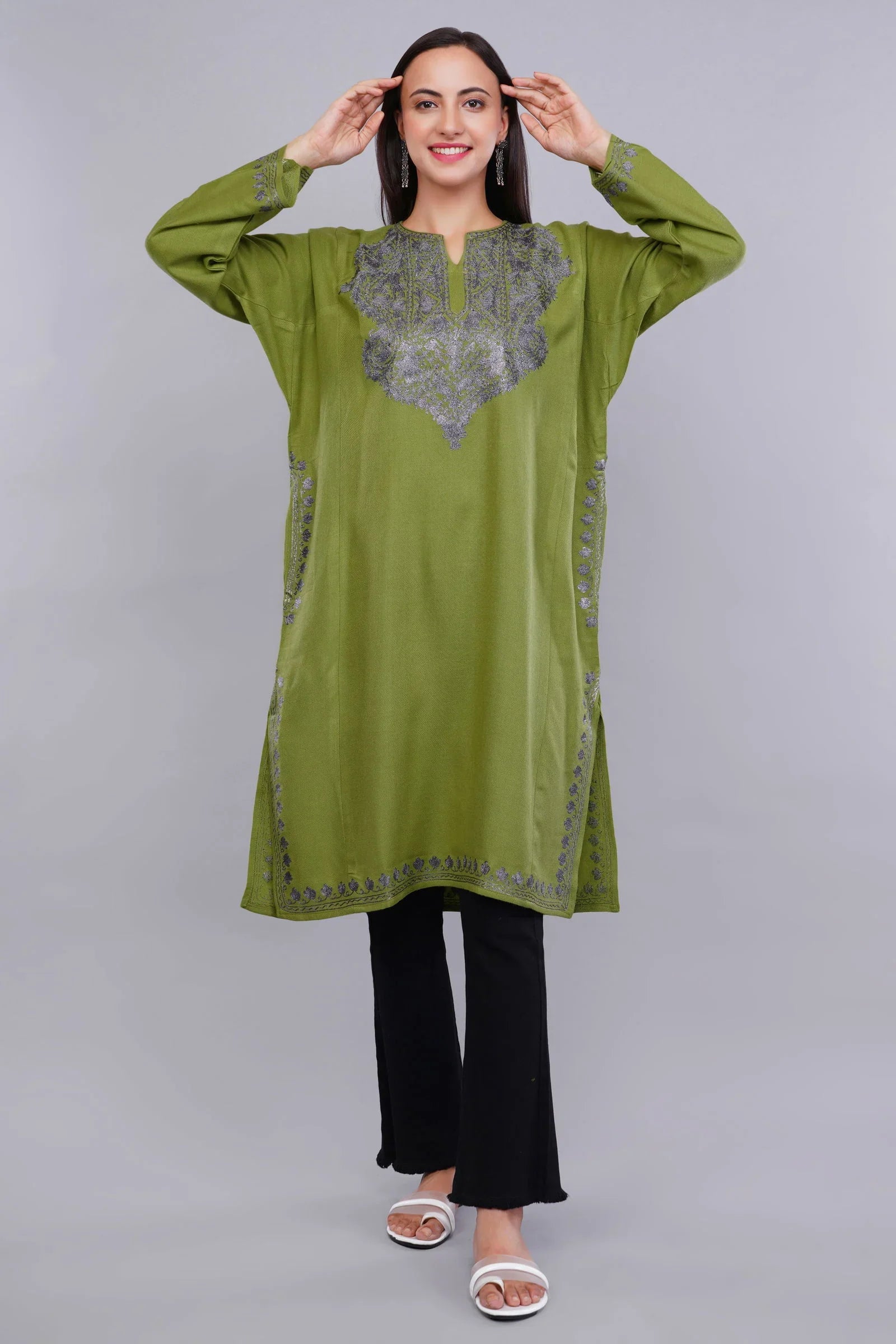 Elegant Green Cashmilon Pheran with Kashmiri Zari Embroidery - Kashmiri Pheran