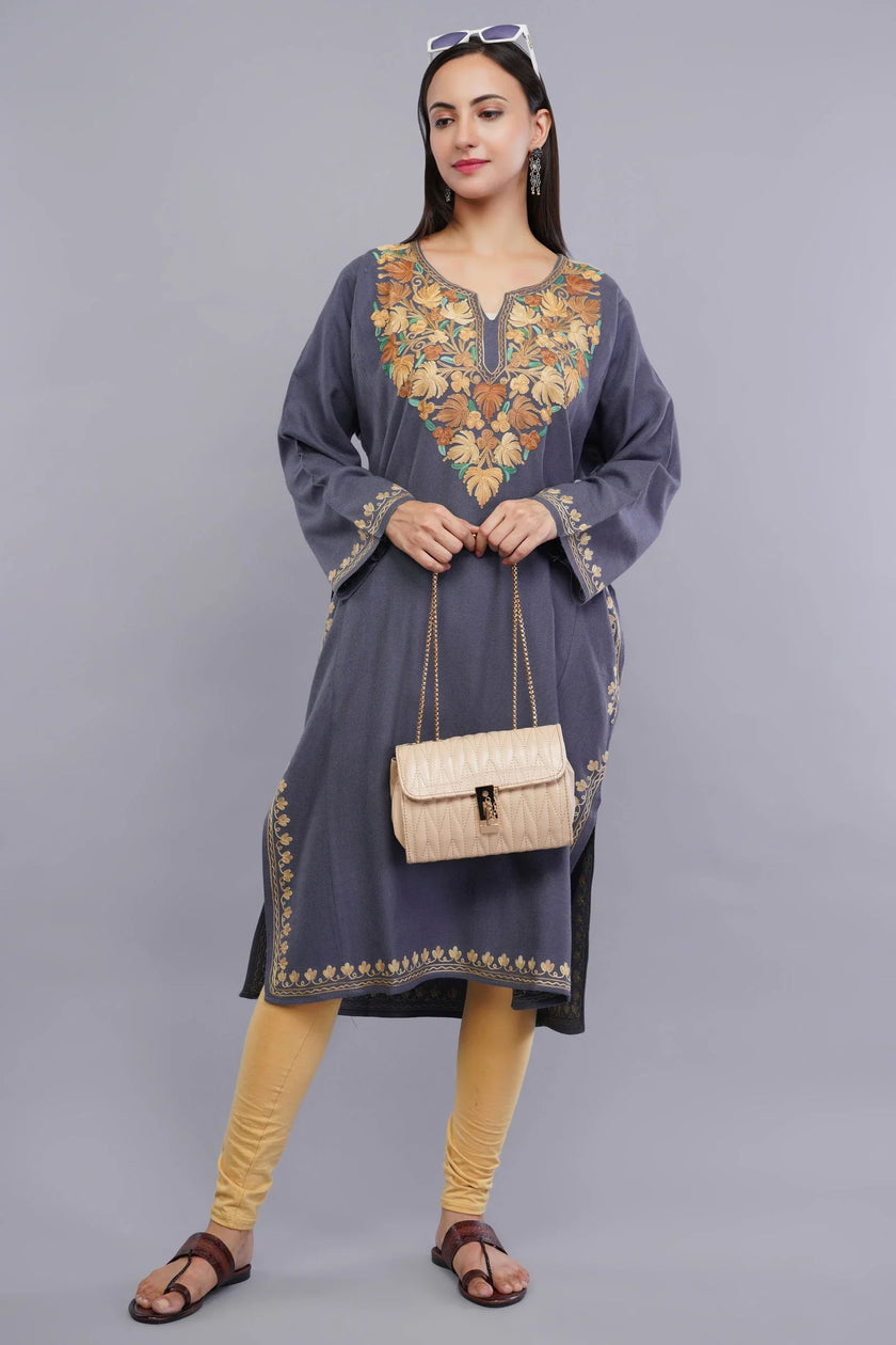 Grey Aari Embroidered Fine Cashmilon Pheran - Kashmiri Pheran