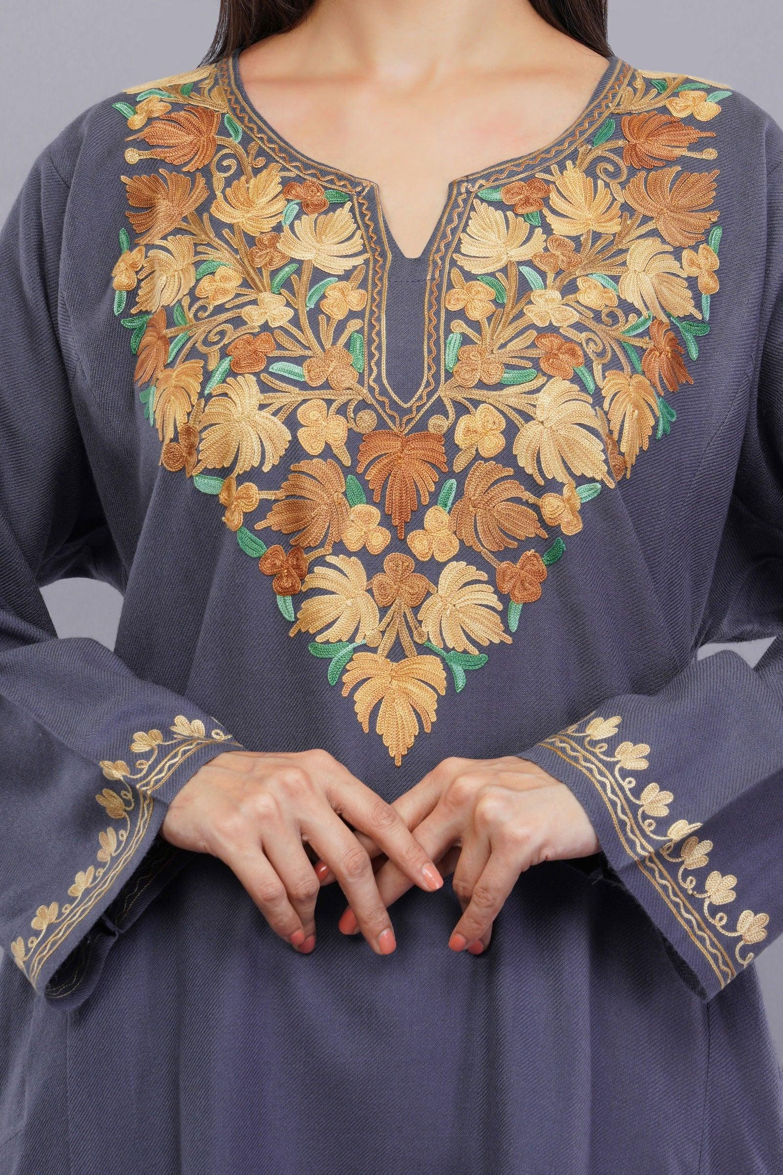 Grey Aari Embroidered Fine Cashmilon Pheran - Kashmiri Pheran