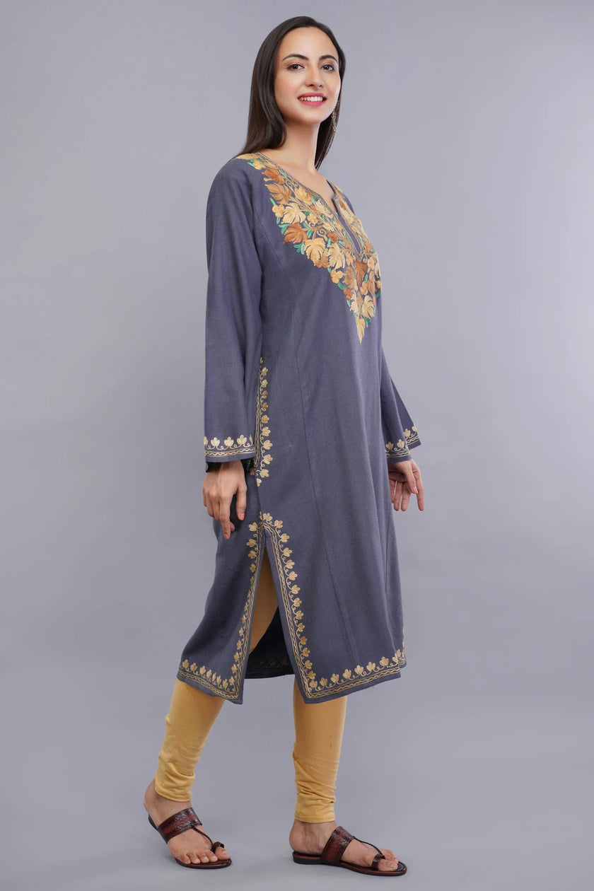 Grey Aari Embroidered Fine Cashmilon Pheran - Kashmiri Pheran